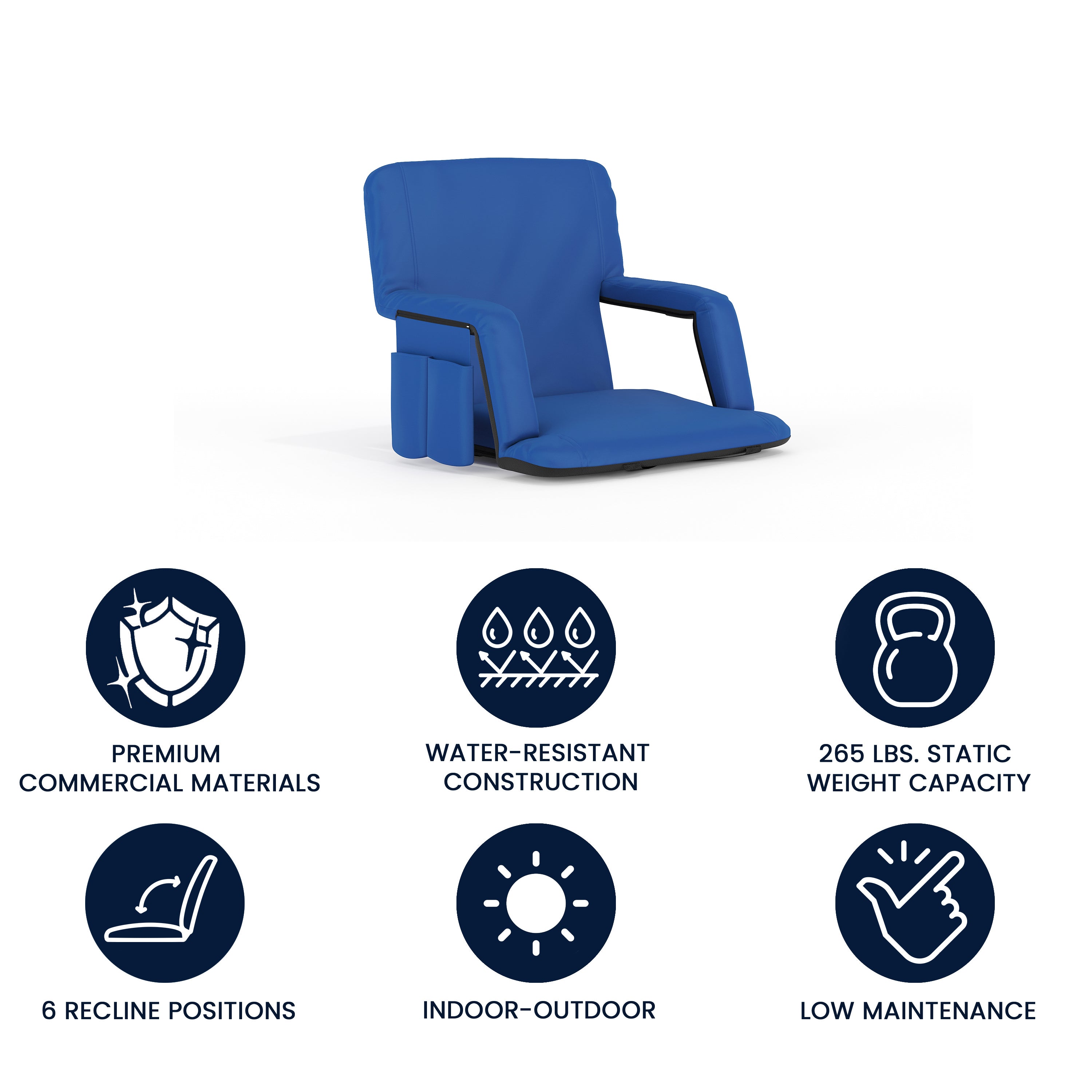 Malta Blue Portable Lightweight Reclining Stadium Chair with Armrests, Padded Back & Seat with Dual Storage Pockets and Backpack Straps