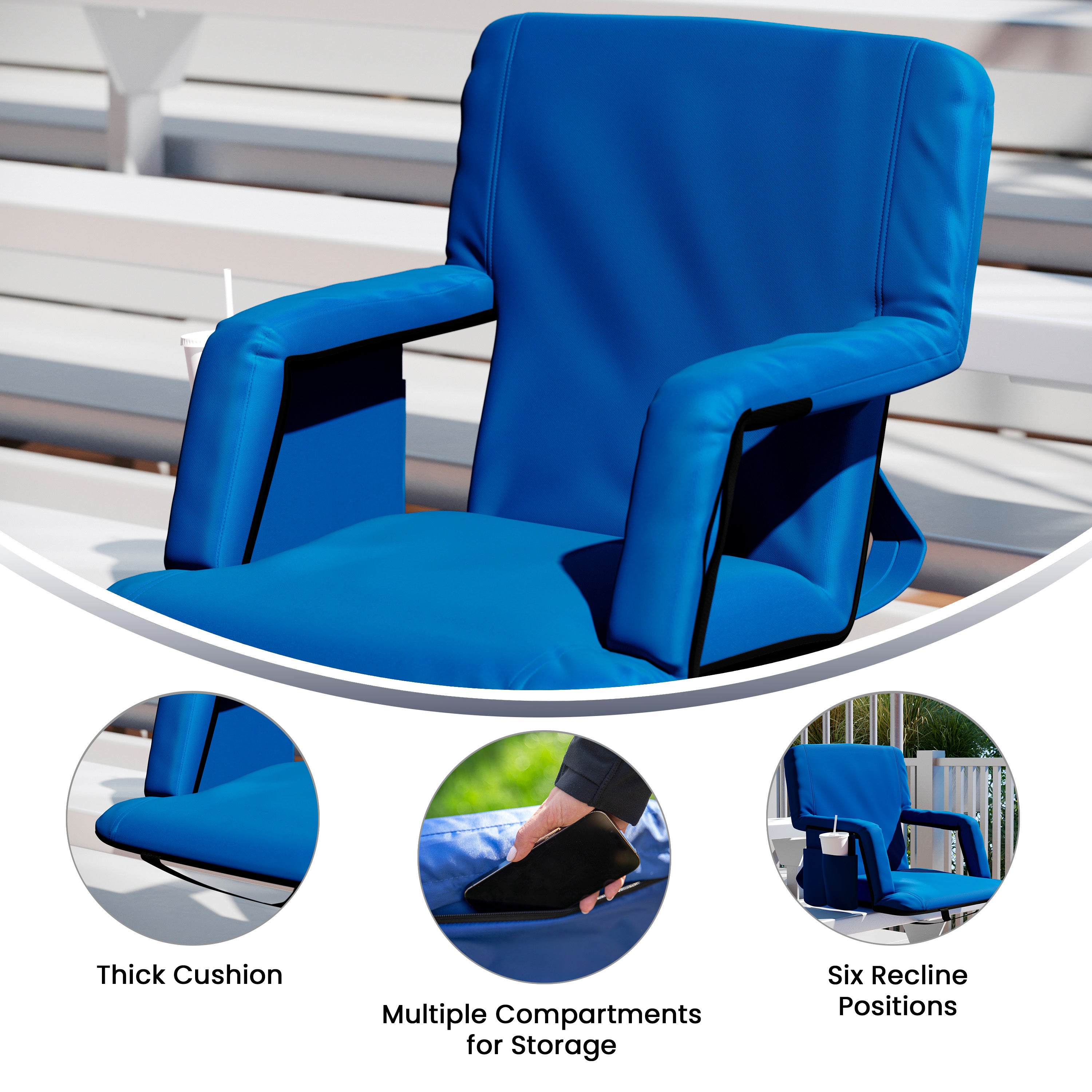 Malta Set of 2 Blue Portable Lightweight Reclining Stadium Chairs with Armrests, Padded Back & Seat - Storage Pockets & Backpack Straps
