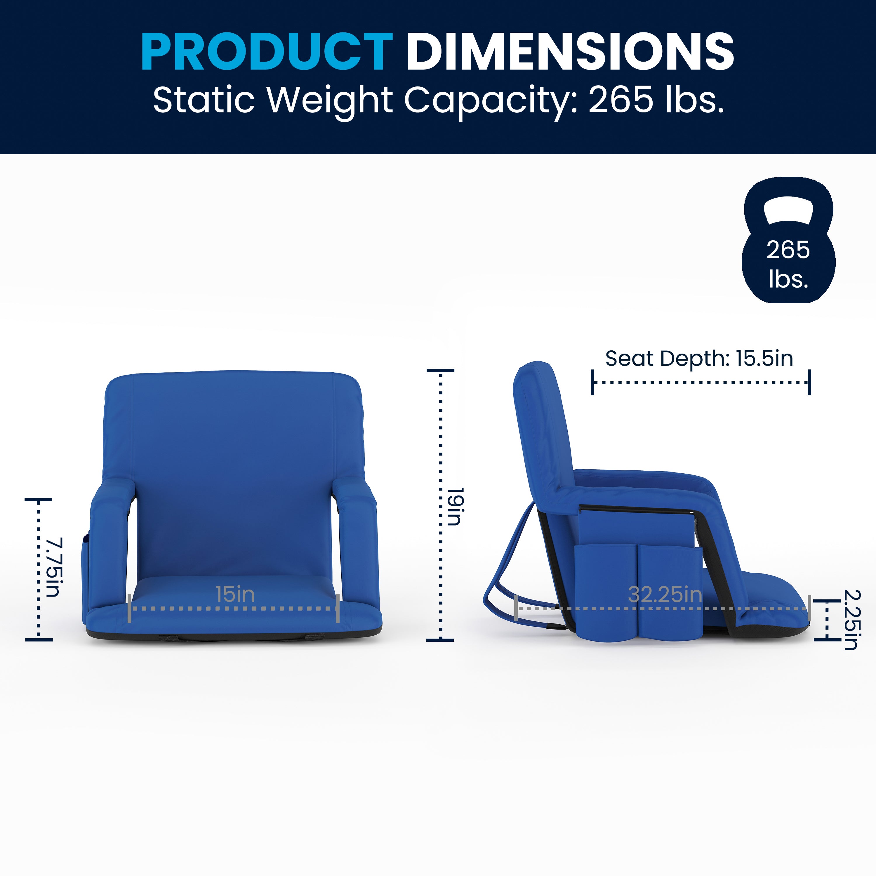 Malta Blue Portable Lightweight Reclining Stadium Chair with Armrests, Padded Back & Seat with Dual Storage Pockets and Backpack Straps