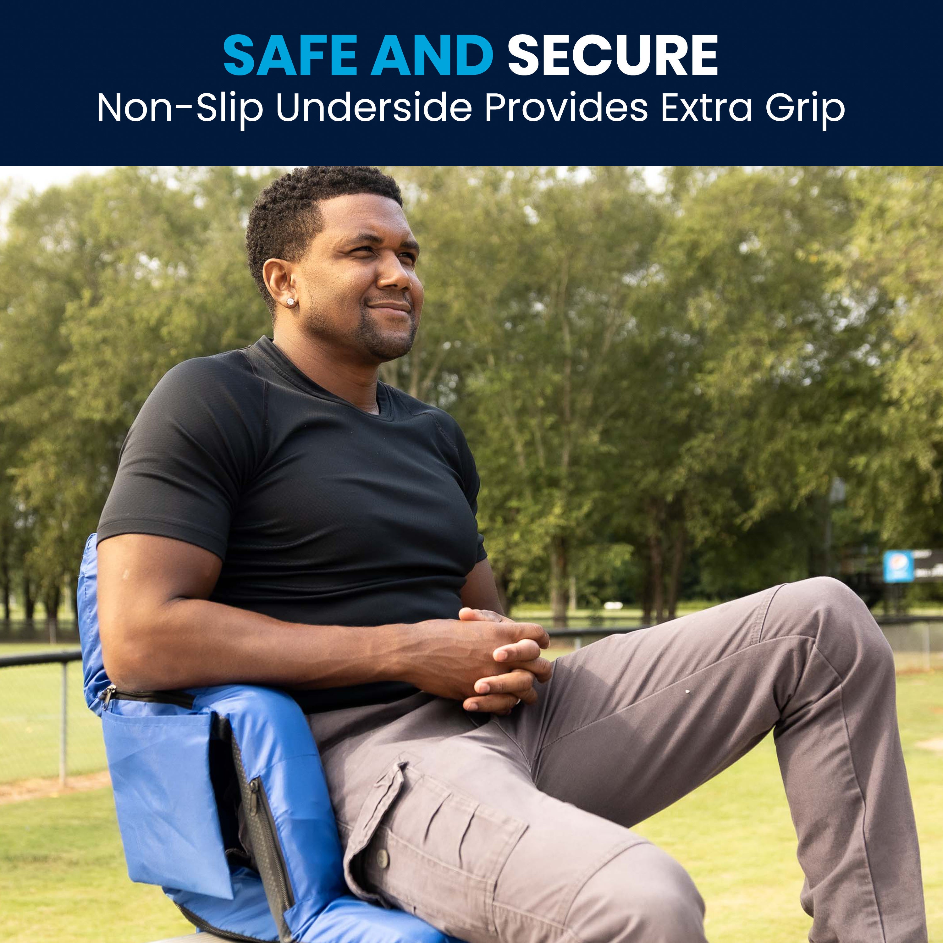 Malta Blue Portable Lightweight Reclining Stadium Chair with Armrests, Padded Back & Seat with Dual Storage Pockets and Backpack Straps