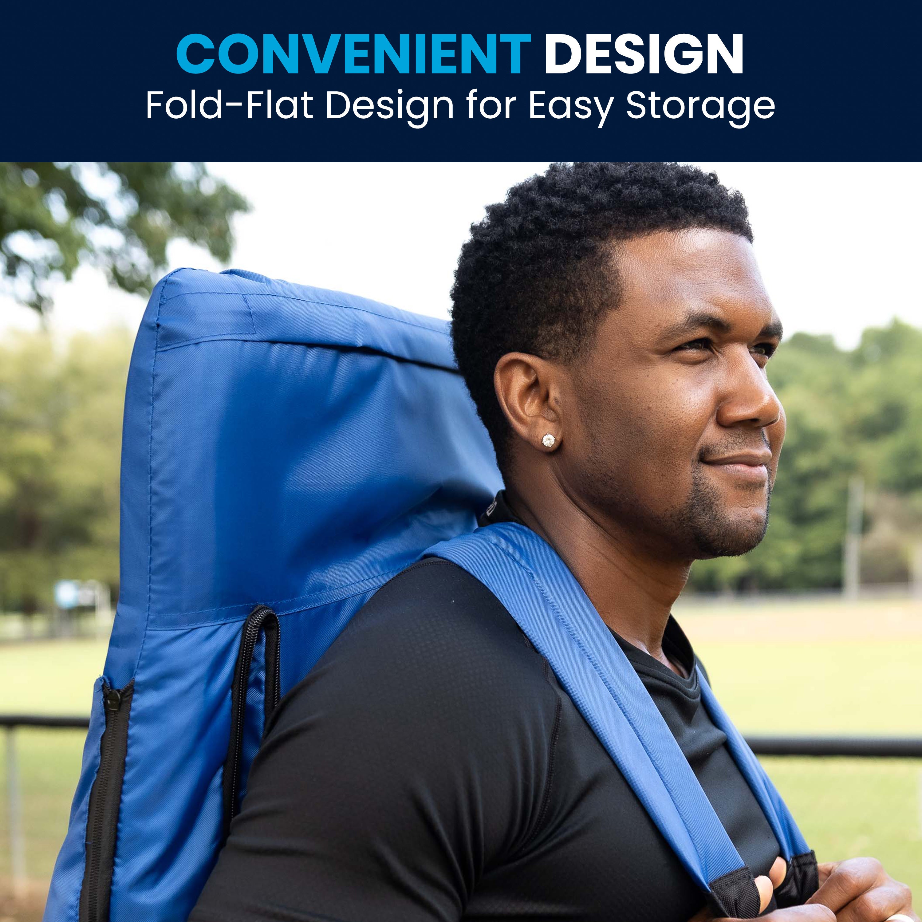 Malta Blue Portable Lightweight Reclining Stadium Chair with Armrests, Padded Back & Seat with Dual Storage Pockets and Backpack Straps