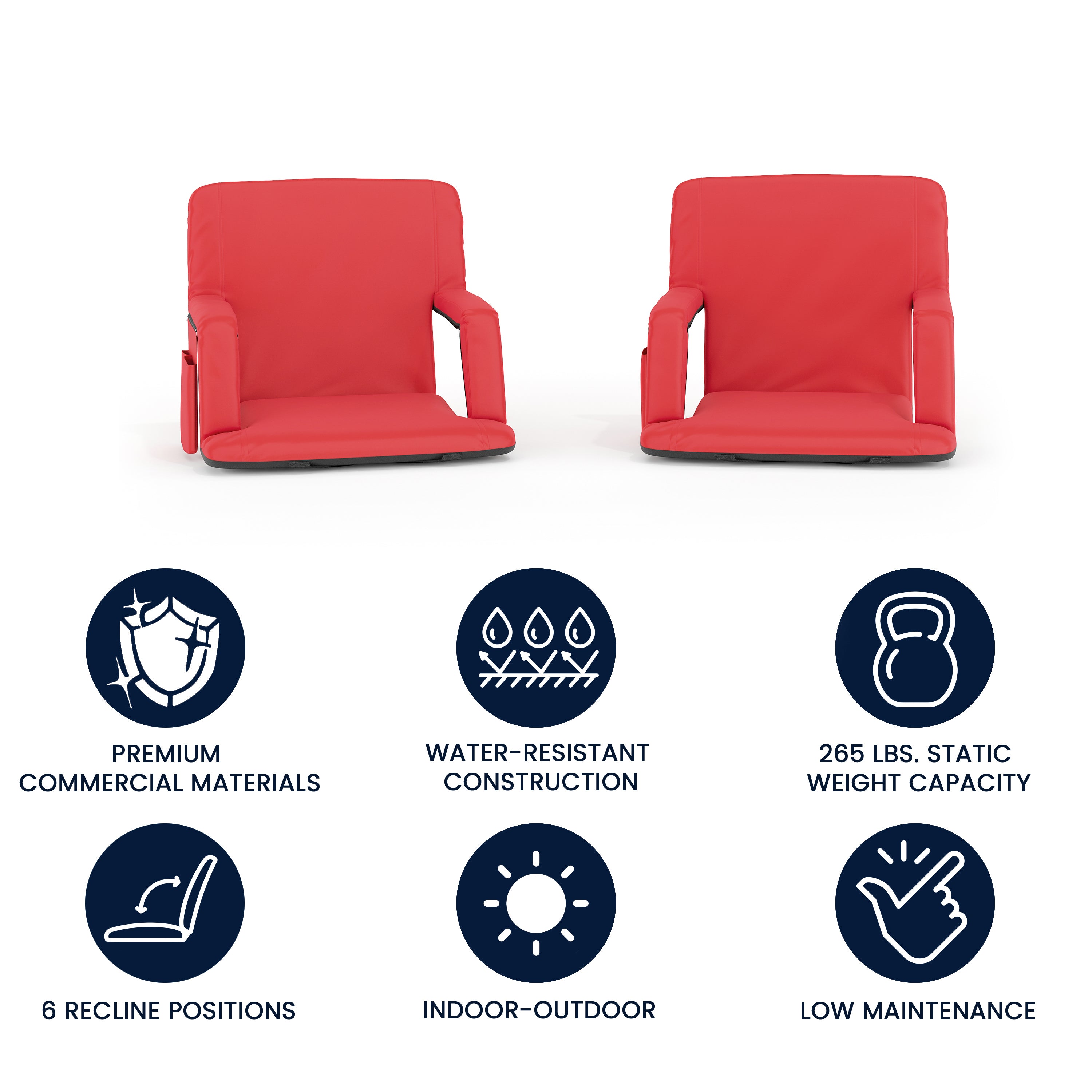 Malta Set of 2 Red Portable Lightweight Reclining Stadium Chairs with Armrests, Padded Back & Seat - Storage Pockets & Backpack Straps