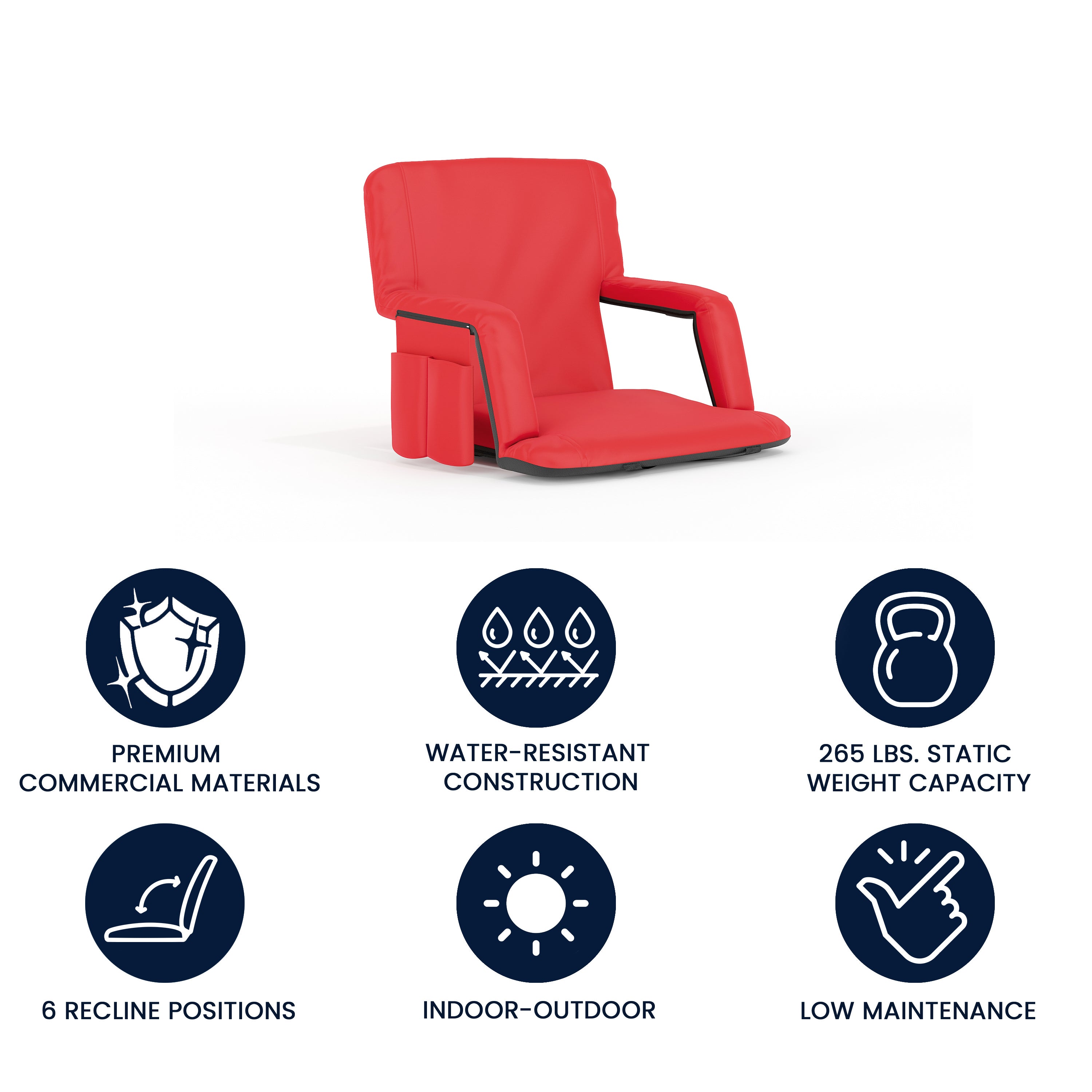 Malta Red Portable Lightweight Reclining Stadium Chair with Armrests, Padded Back & Seat with Dual Storage Pockets and Backpack Straps