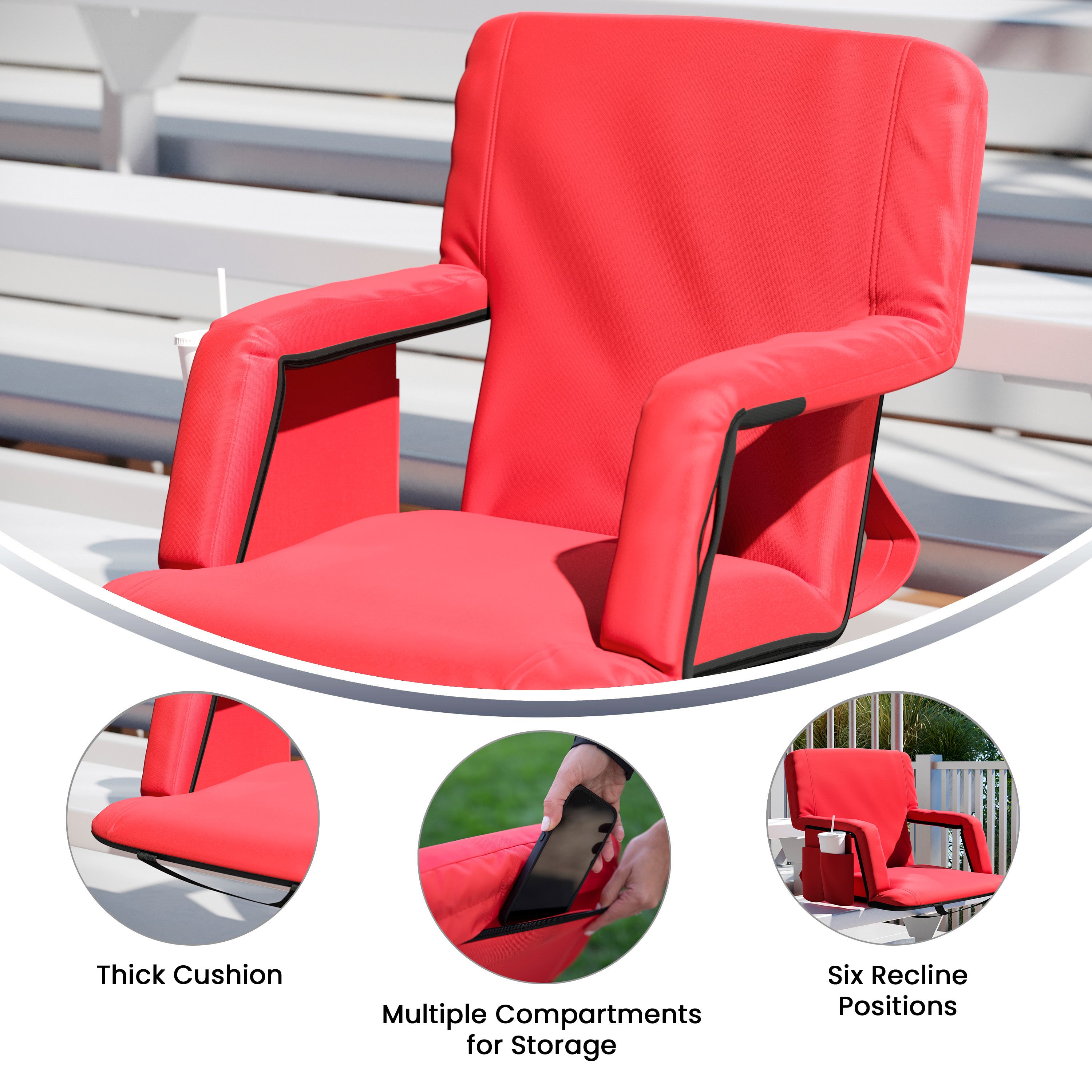 Malta Set of 2 Red Portable Lightweight Reclining Stadium Chairs with Armrests, Padded Back & Seat - Storage Pockets & Backpack Straps