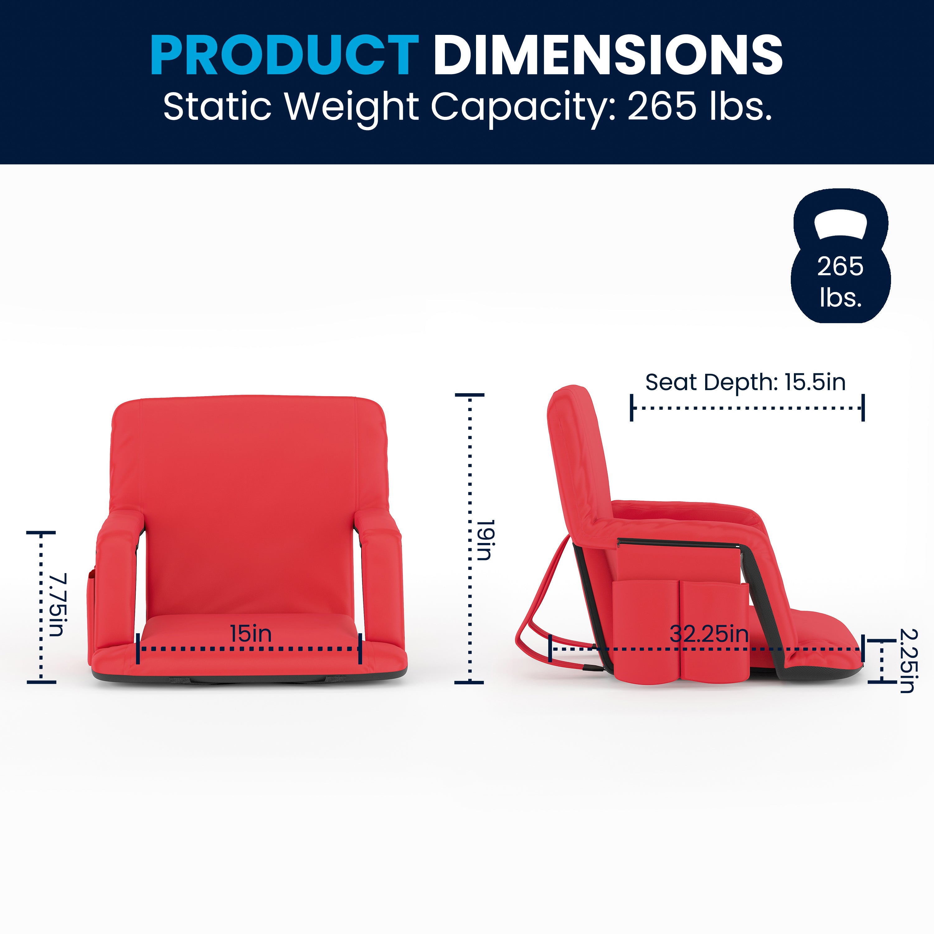 Malta Red Portable Lightweight Reclining Stadium Chair with Armrests, Padded Back & Seat with Dual Storage Pockets and Backpack Straps