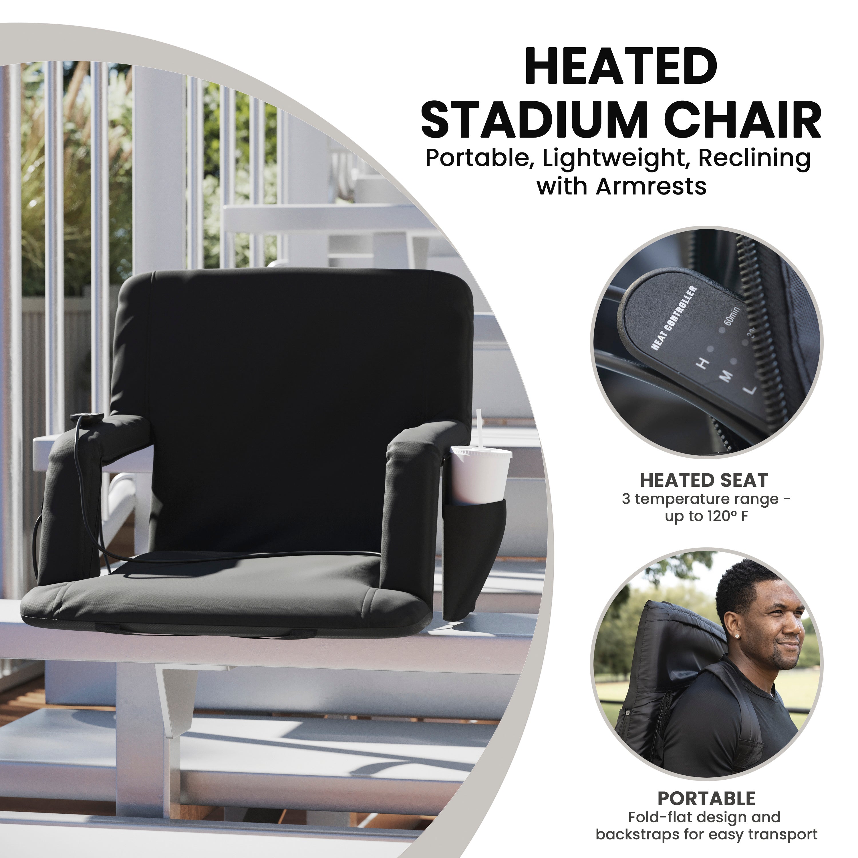 Malta Black Portable Heated Reclining Stadium Chair with Armrests, Padded Back & Heated Seat with Dual Storage Pockets and Backpack Straps