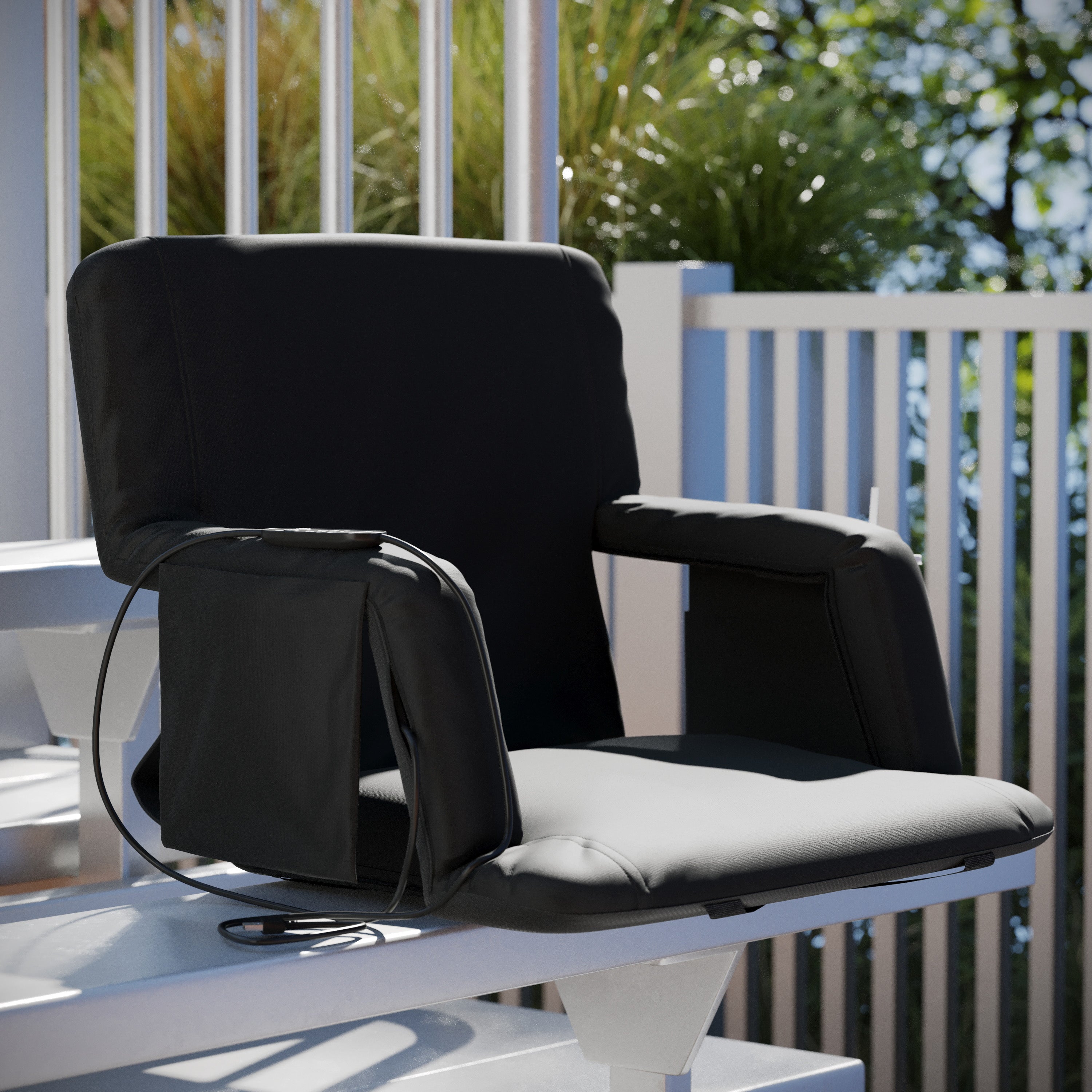 Malta Black Portable Heated Reclining Stadium Chair with Armrests, Padded Back & Heated Seat with Dual Storage Pockets and Backpack Straps