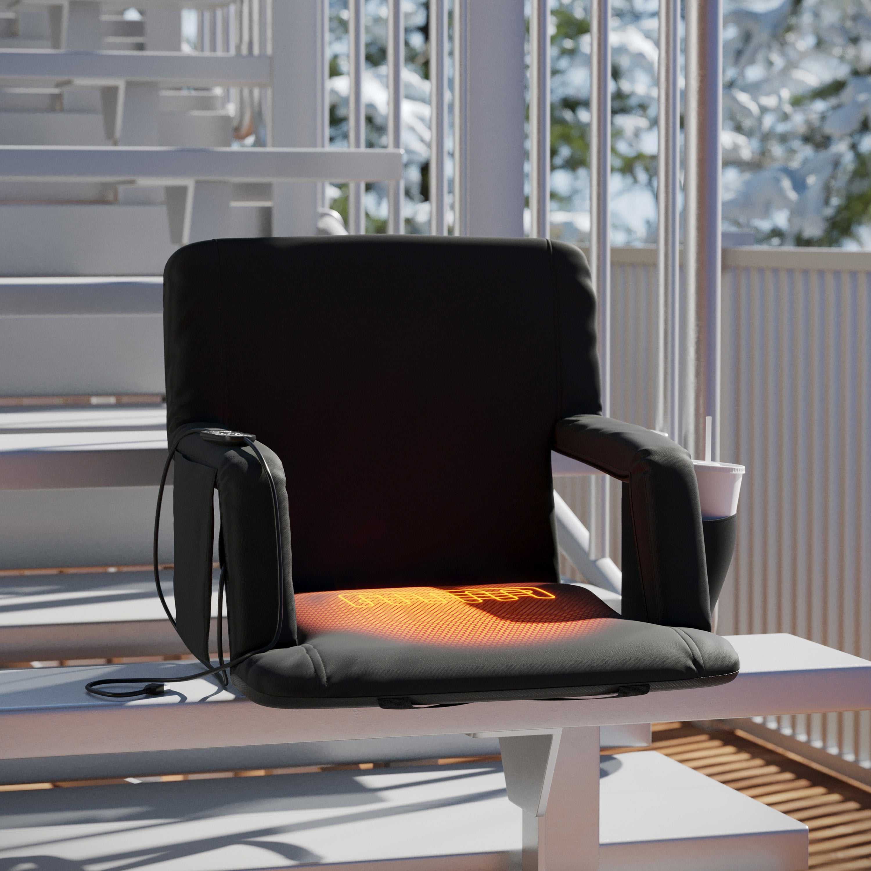 Malta Black Portable Heated Reclining Stadium Chair with Armrests, Padded Back & Heated Seat with Dual Storage Pockets and Backpack Straps