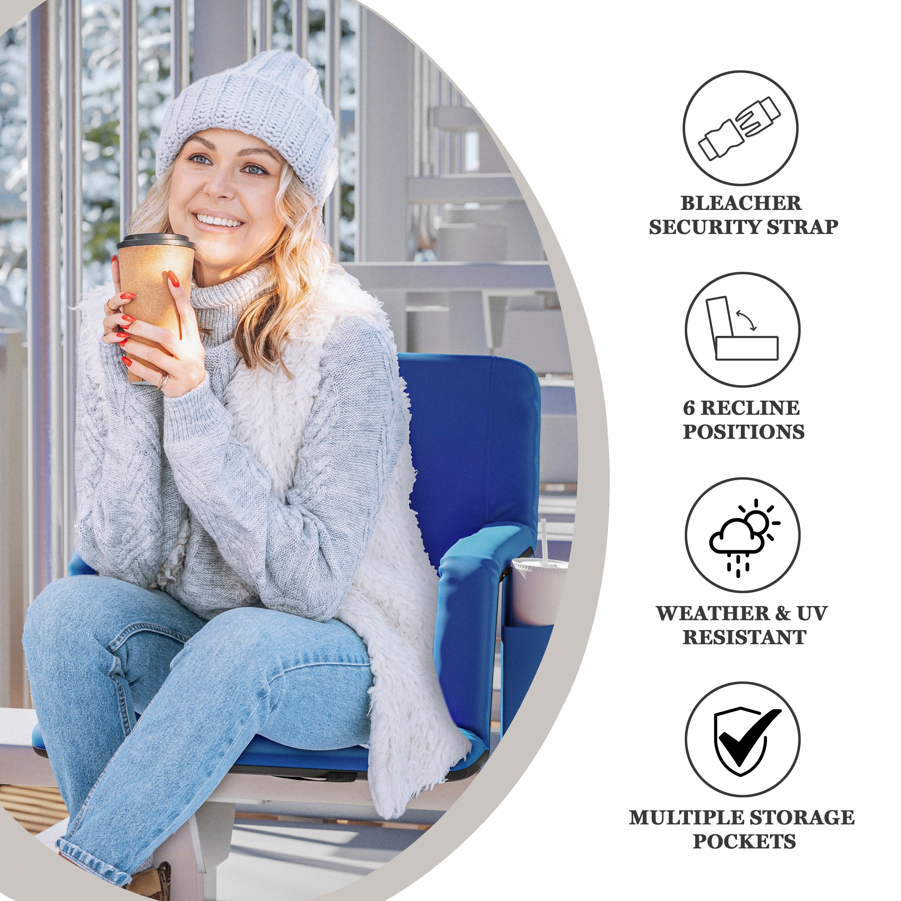 Malta Blue Portable Heated Reclining Stadium Chair with Armrests, Padded Back & Heated Seat with Dual Storage Pockets and Backpack Straps