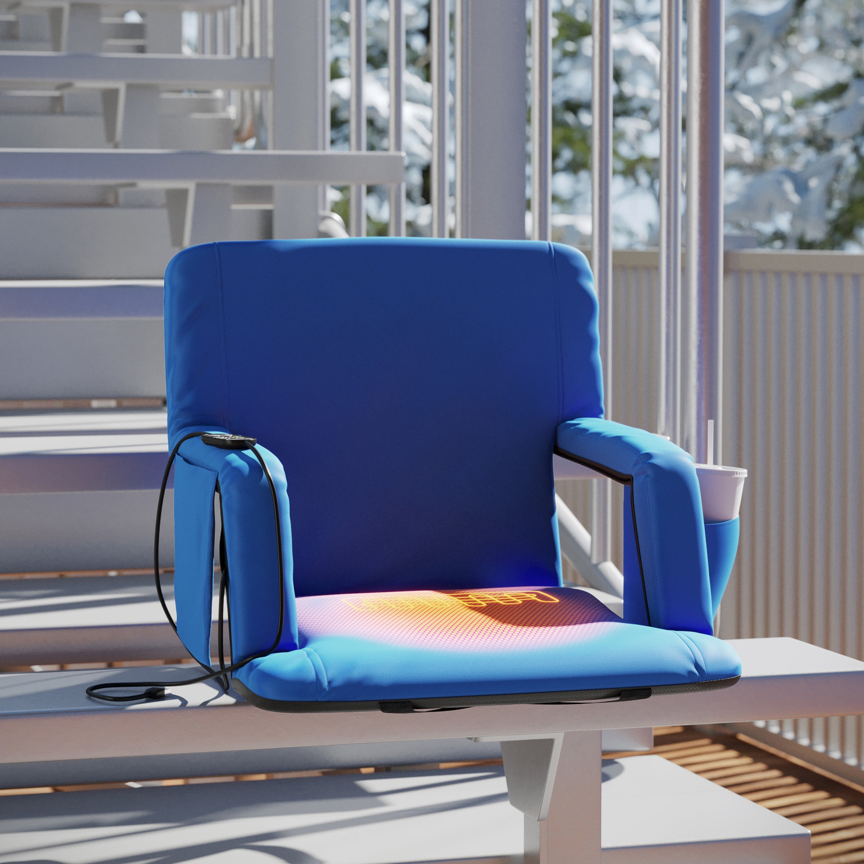 Malta Blue Portable Heated Reclining Stadium Chair with Armrests, Padded Back & Heated Seat with Dual Storage Pockets and Backpack Straps