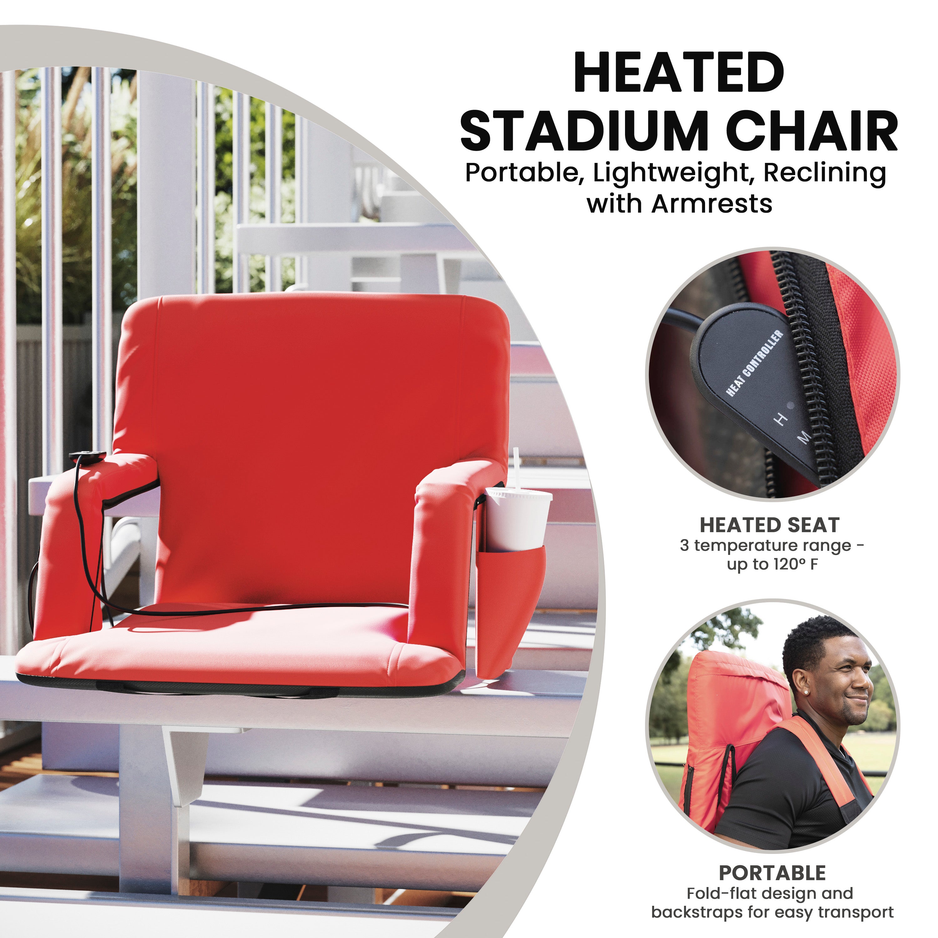 Malta Red Portable Heated Reclining Stadium Chair with Armrests, Padded Back & Heated Seat with Dual Storage Pockets and Backpack Straps