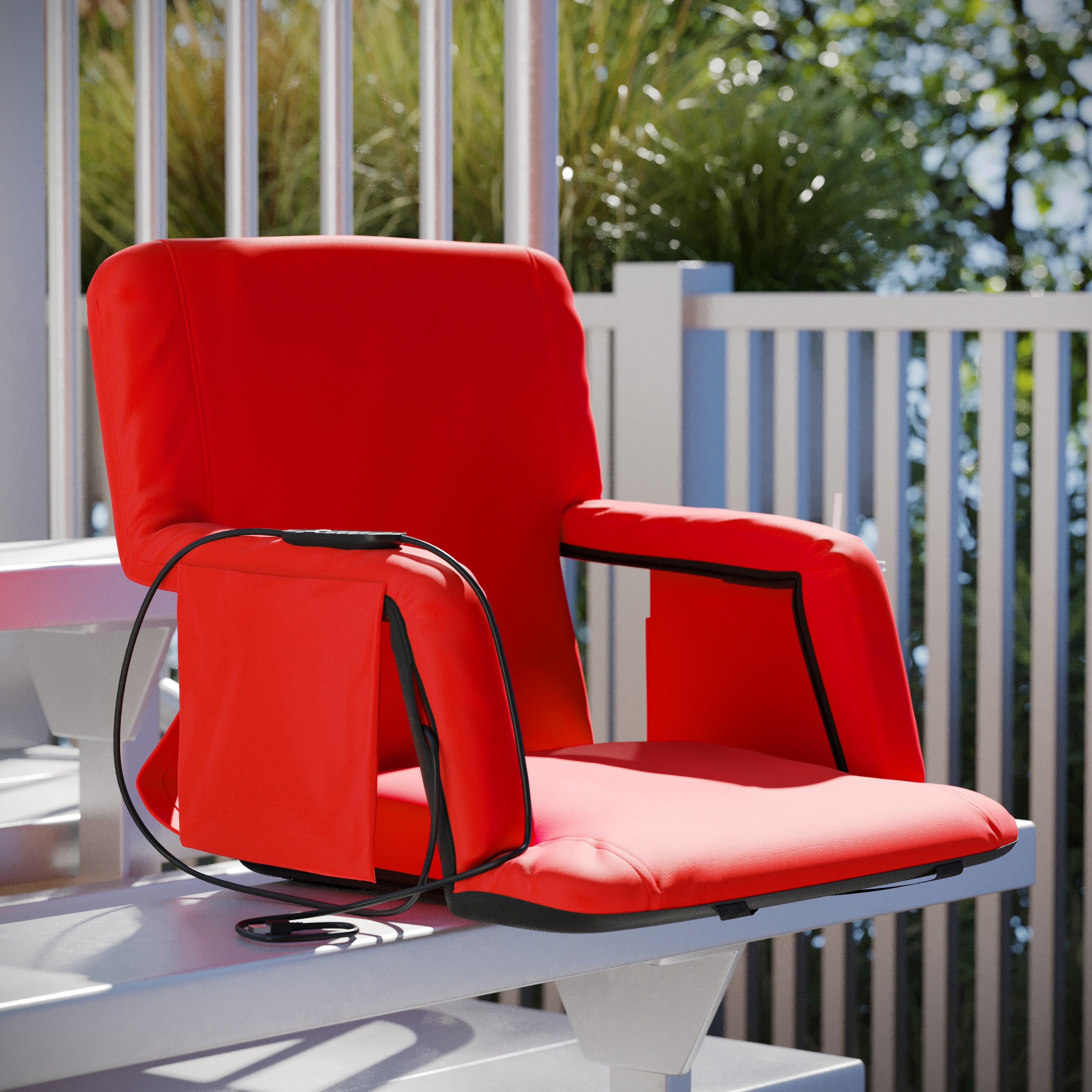 Malta Red Portable Heated Reclining Stadium Chair with Armrests, Padded Back & Heated Seat with Dual Storage Pockets and Backpack Straps