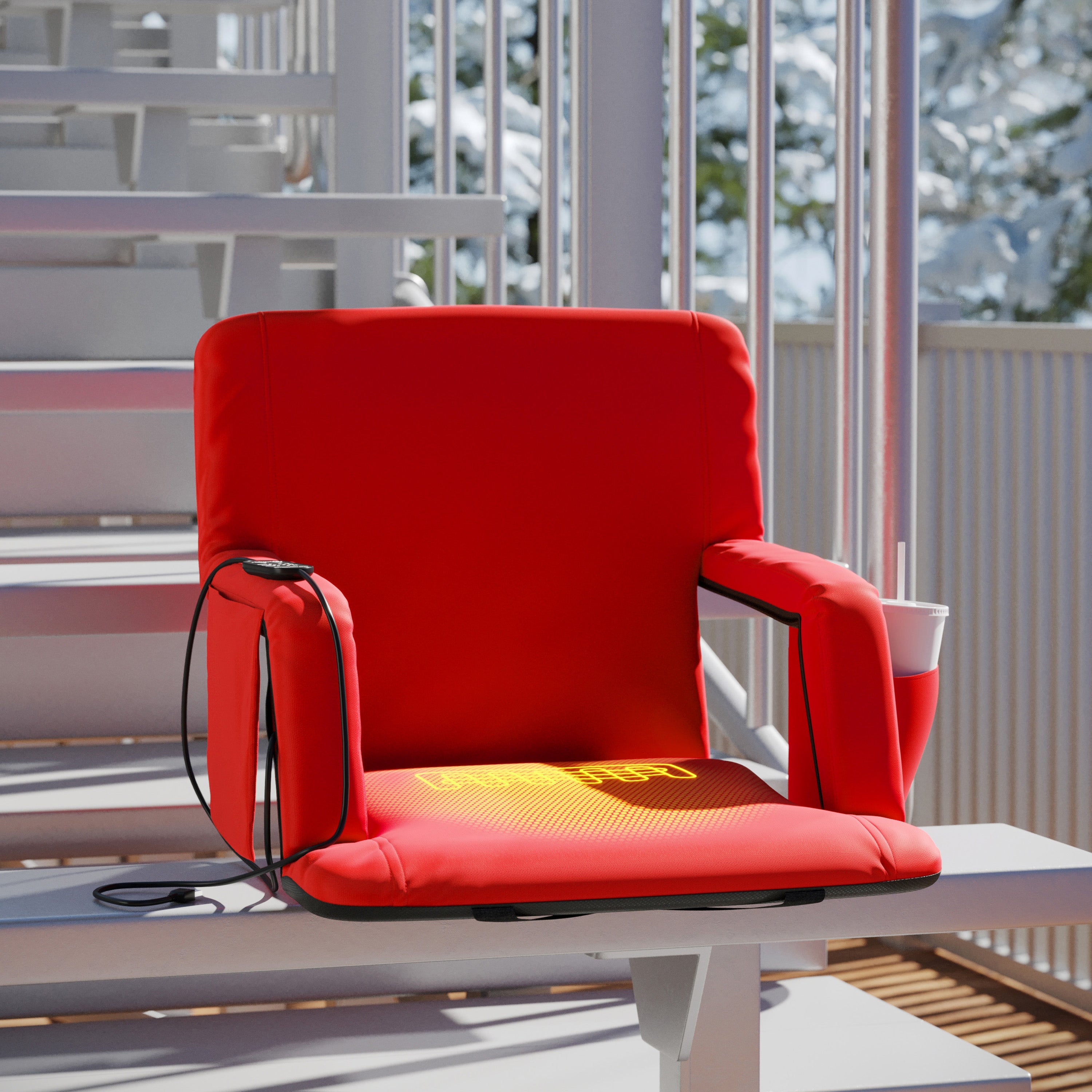 Malta Red Portable Heated Reclining Stadium Chair with Armrests, Padded Back & Heated Seat with Dual Storage Pockets and Backpack Straps