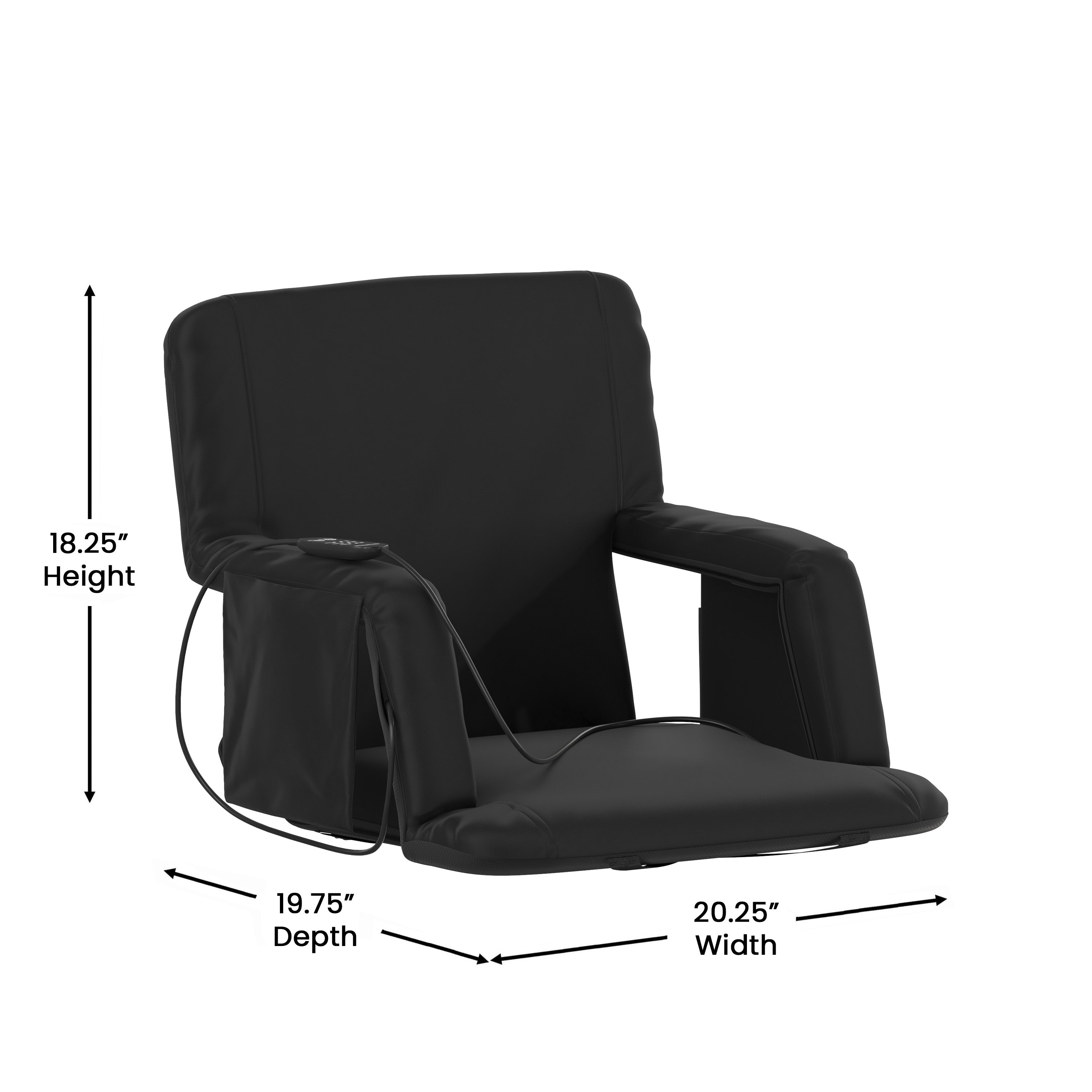 Malta Black Portable Heated Reclining Stadium Chair with Armrests, Heated Padded Back & Heated Seat with Dual Storage Pockets and Backpack Straps