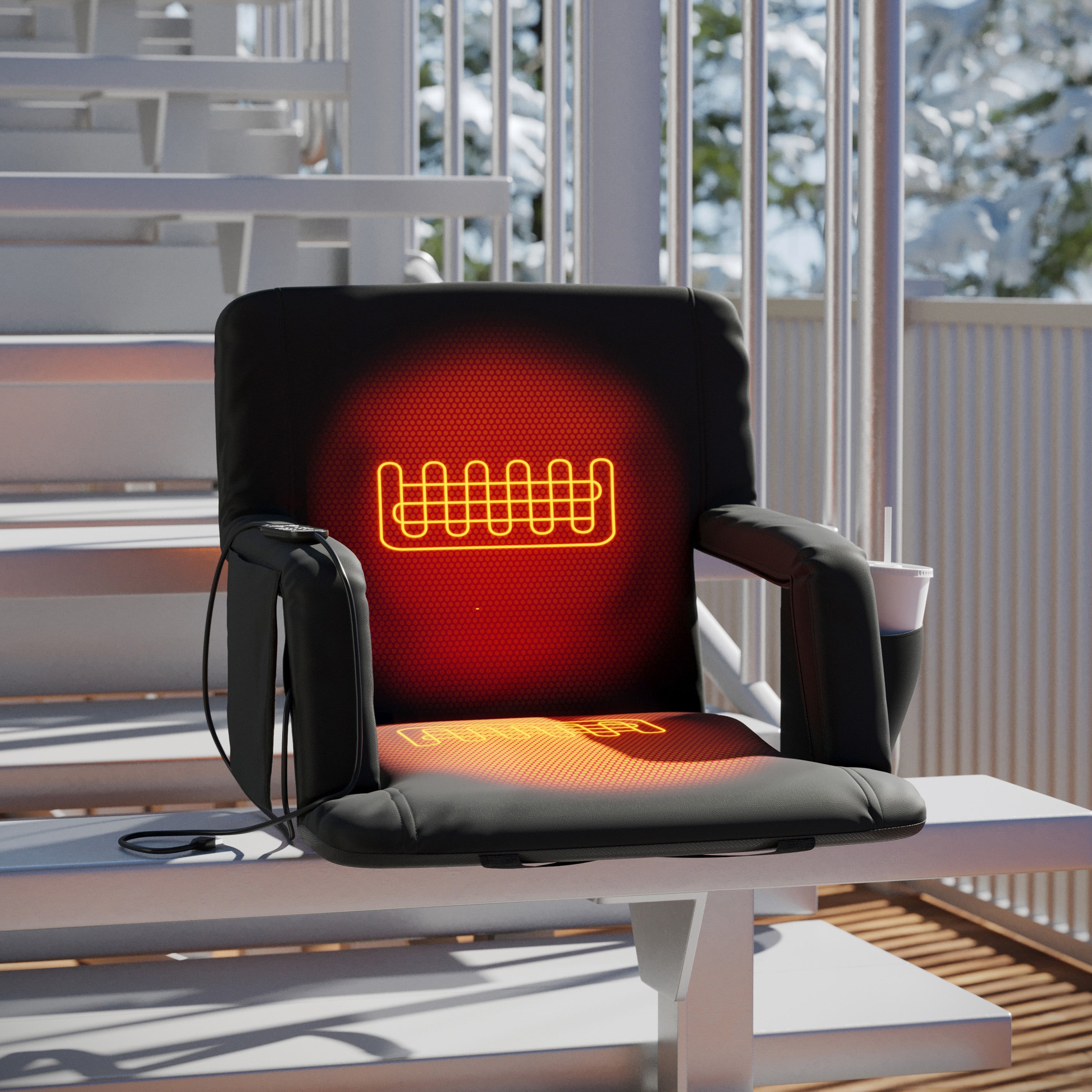 Malta Black Portable Heated Reclining Stadium Chair with Armrests, Heated Padded Back & Heated Seat with Dual Storage Pockets and Backpack Straps
