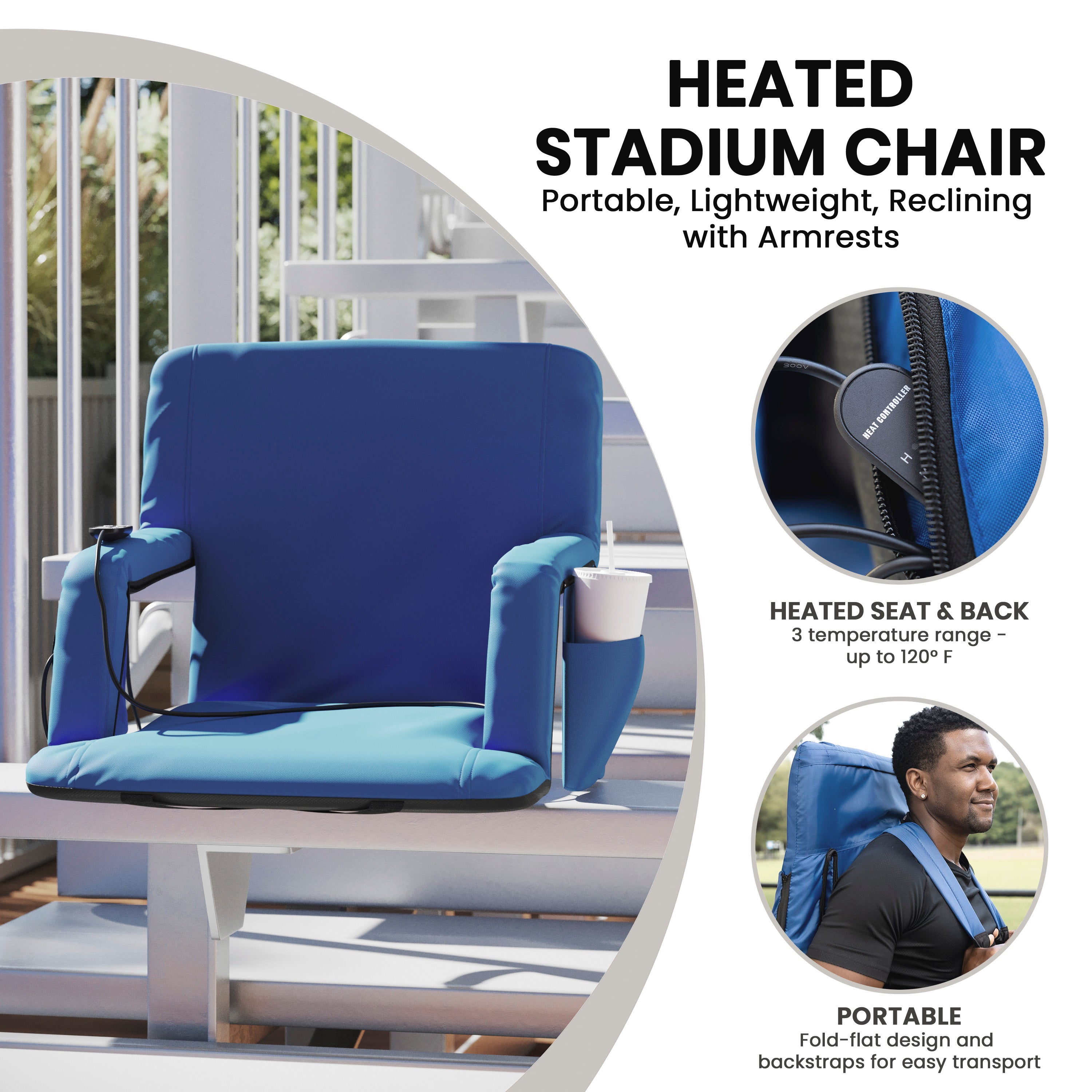 Malta Blue Portable Heated Reclining Stadium Chair with Armrests, Heated Padded Back & Heated Seat with Dual Storage Pockets and Backpack Straps