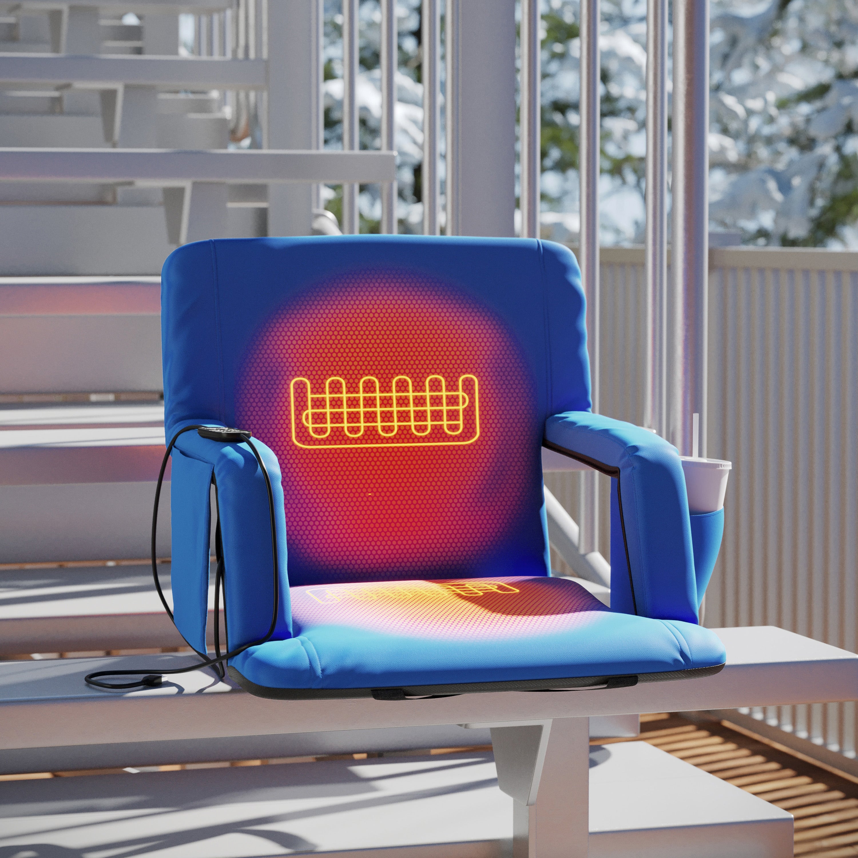 Malta Blue Portable Heated Reclining Stadium Chair with Armrests, Heated Padded Back & Heated Seat with Dual Storage Pockets and Backpack Straps