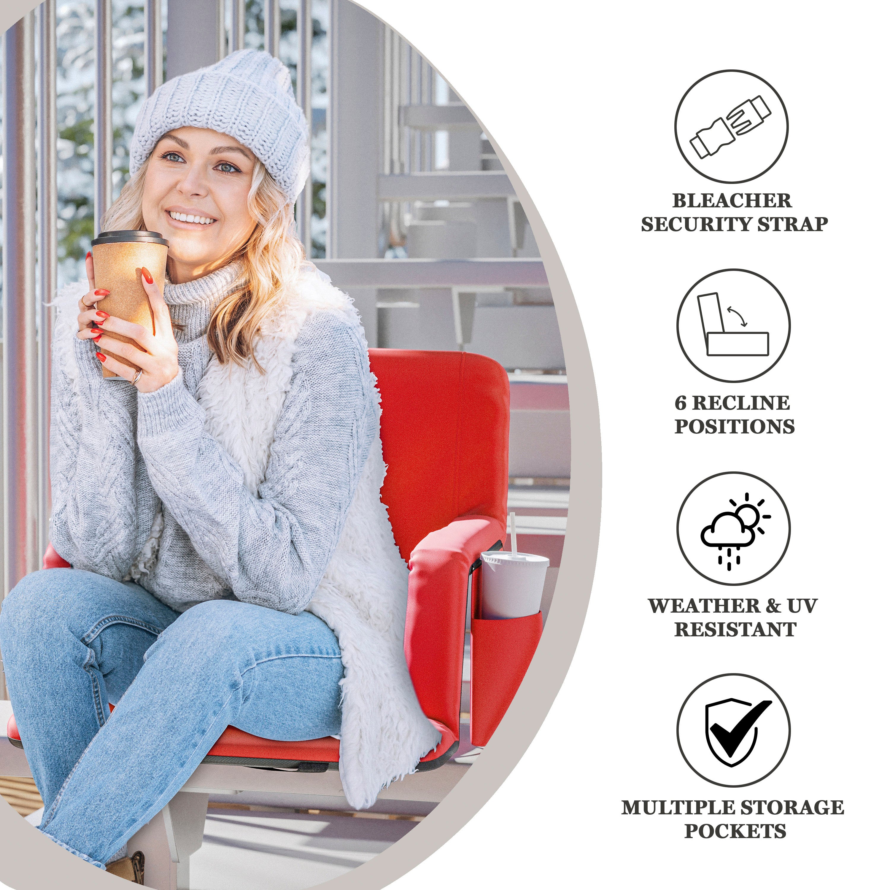 Malta Red Portable Heated Reclining Stadium Chair with Armrests, Heated Padded Back & Heated Seat with Dual Storage Pockets and Backpack Straps