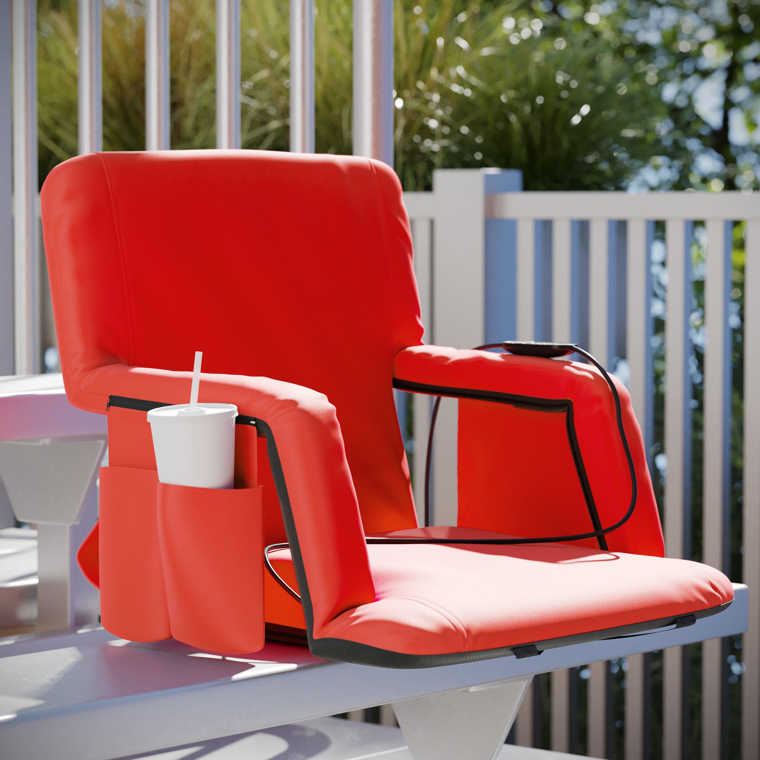 Malta Red Portable Heated Reclining Stadium Chair with Armrests, Heated Padded Back & Heated Seat with Dual Storage Pockets and Backpack Straps