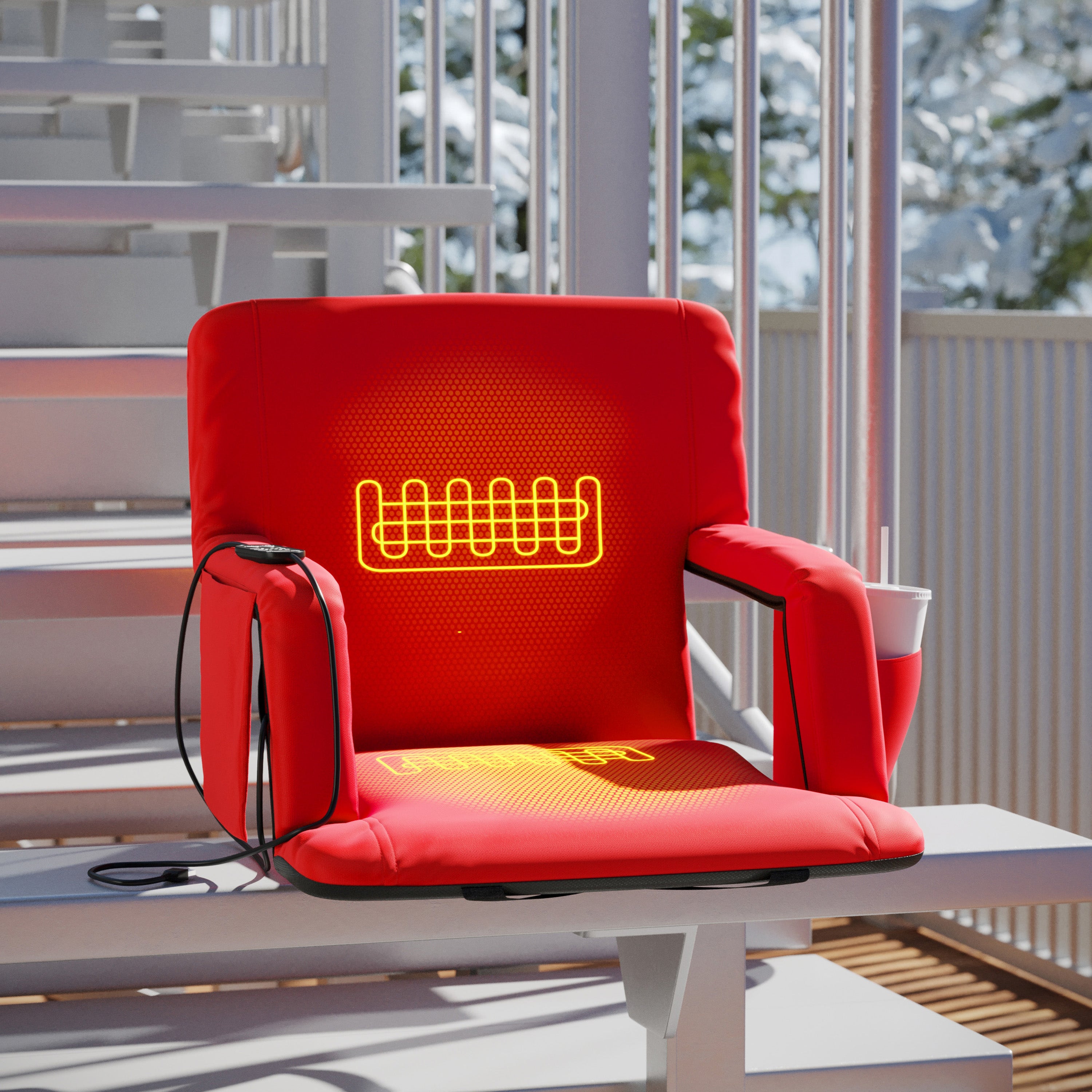 Malta Red Portable Heated Reclining Stadium Chair with Armrests, Heated Padded Back & Heated Seat with Dual Storage Pockets and Backpack Straps