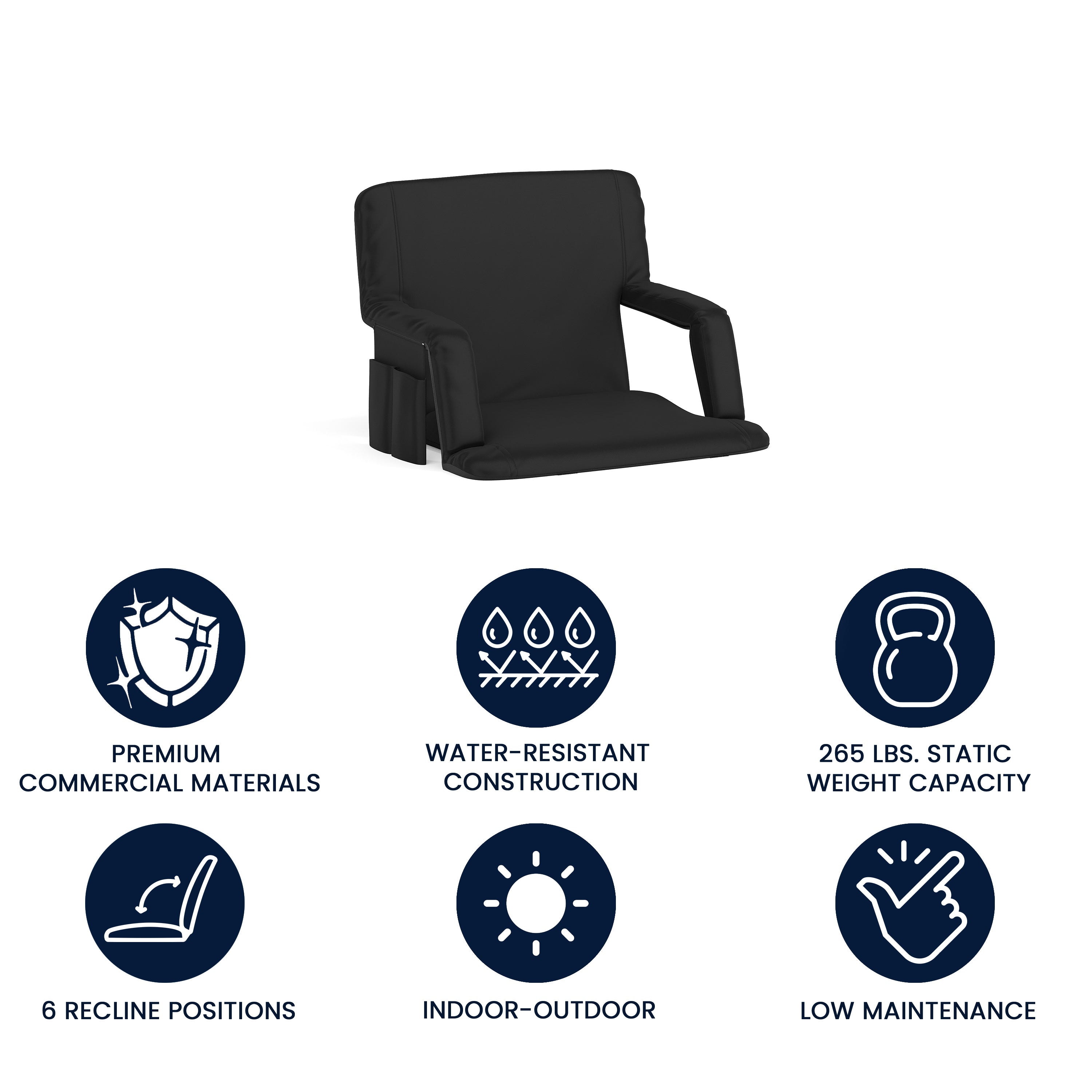 Malta Extra Wide Black Lightweight Reclining Stadium Chair with Armrests, Padded Back & Seat with Dual Storage Pockets and Backpack Straps
