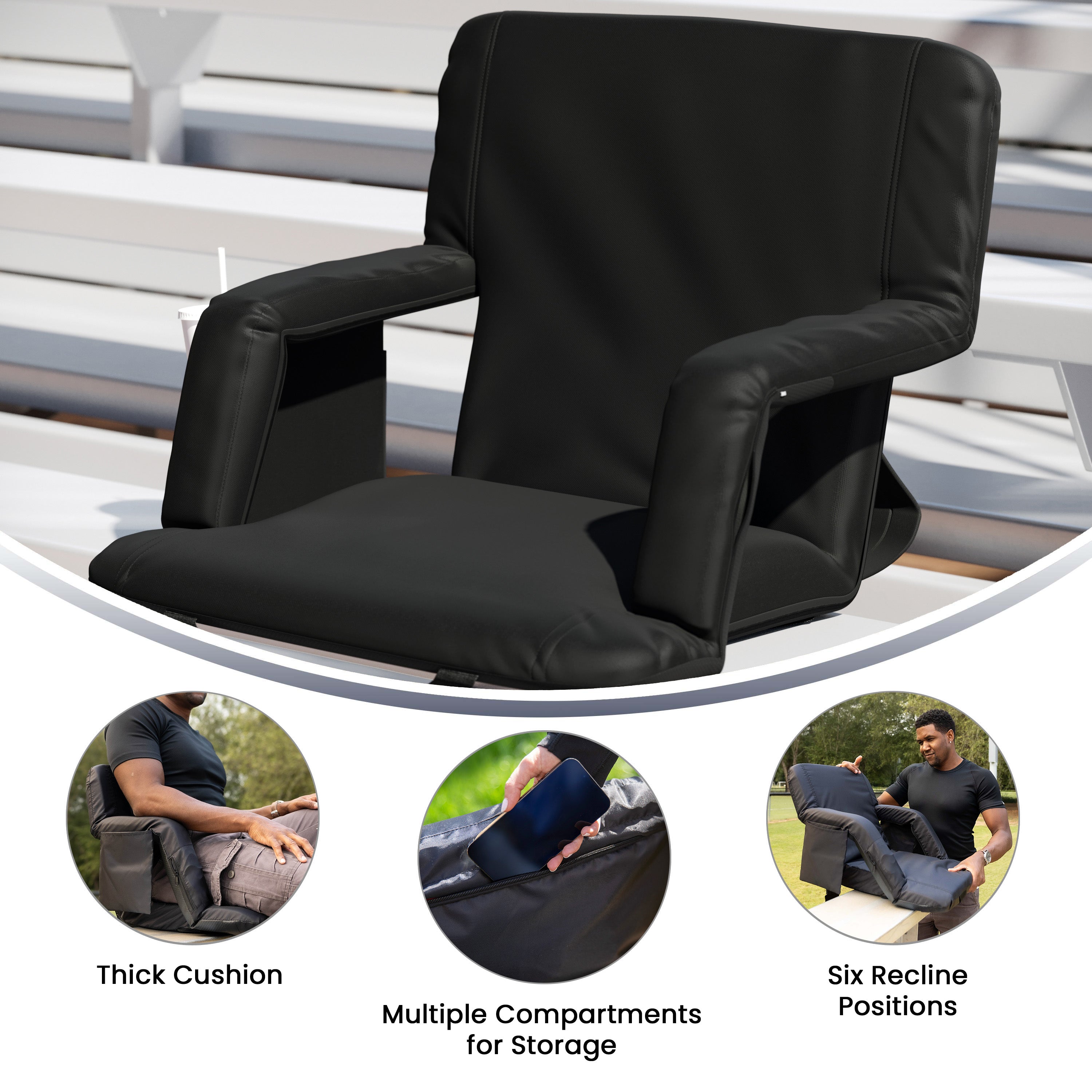 Malta Extra Wide Black Lightweight Reclining Stadium Chair with Armrests, Padded Back & Seat with Dual Storage Pockets and Backpack Straps