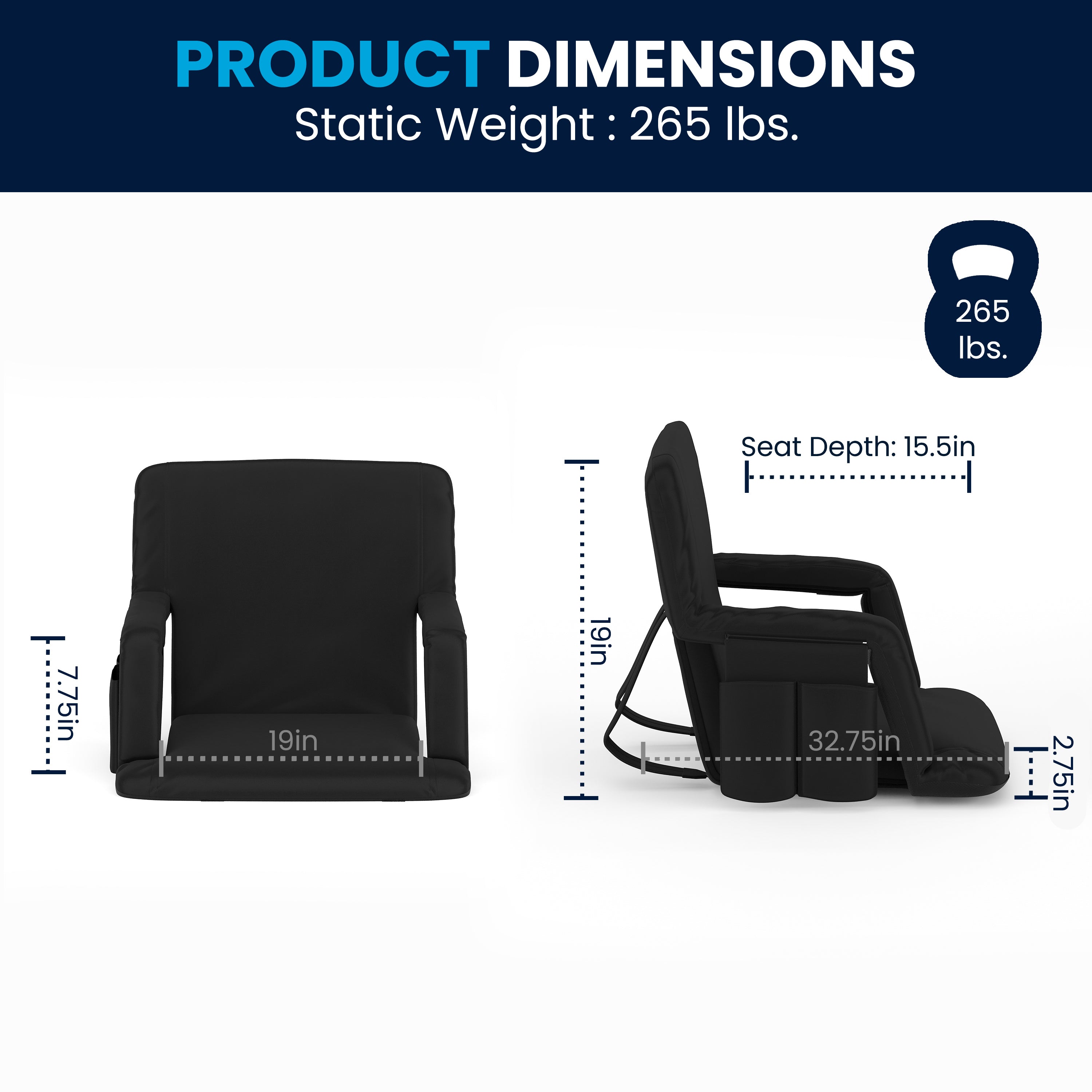 Malta Extra Wide Black Lightweight Reclining Stadium Chair with Armrests, Padded Back & Seat with Dual Storage Pockets and Backpack Straps