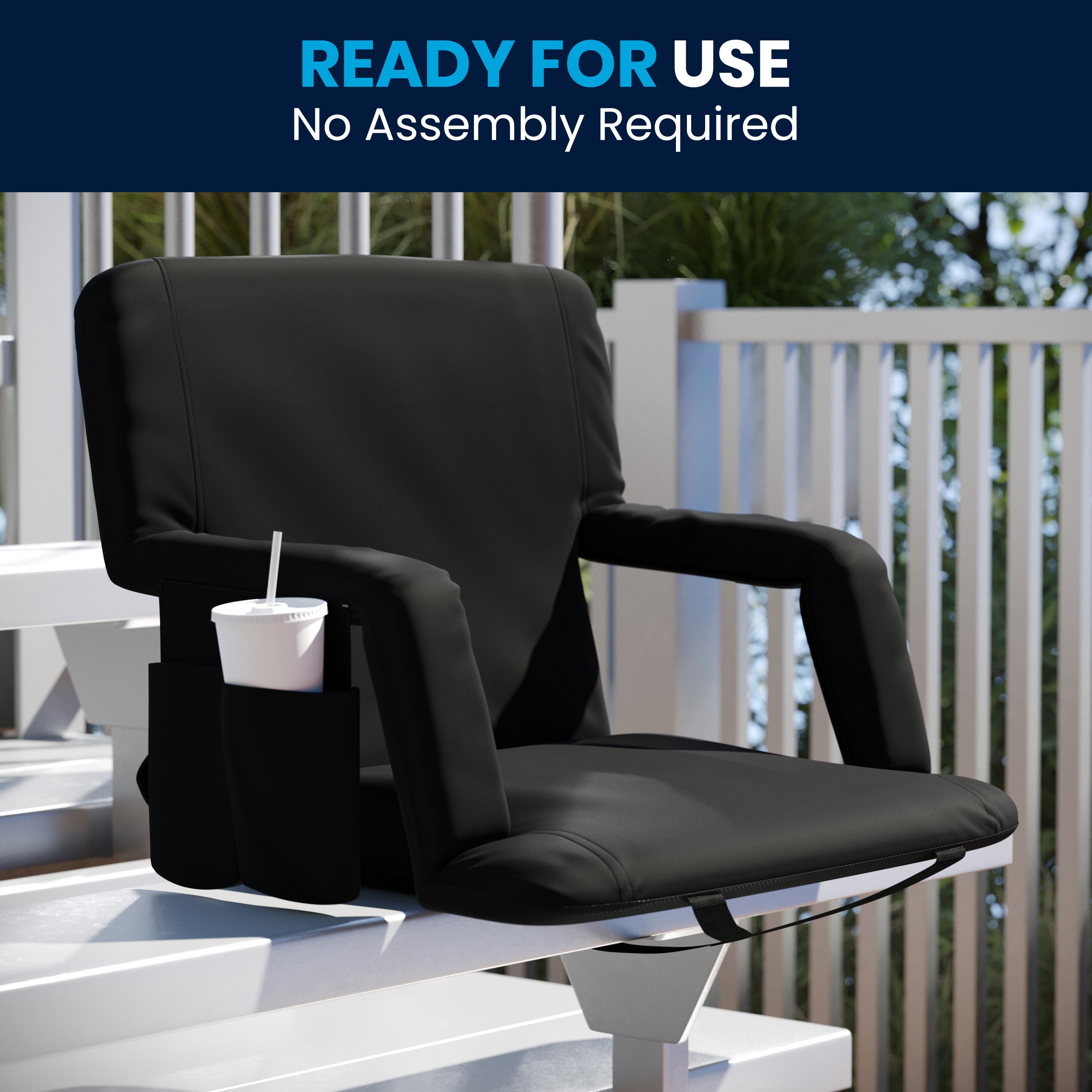 Malta Extra Wide Black Lightweight Reclining Stadium Chair with Armrests, Padded Back & Seat with Dual Storage Pockets and Backpack Straps