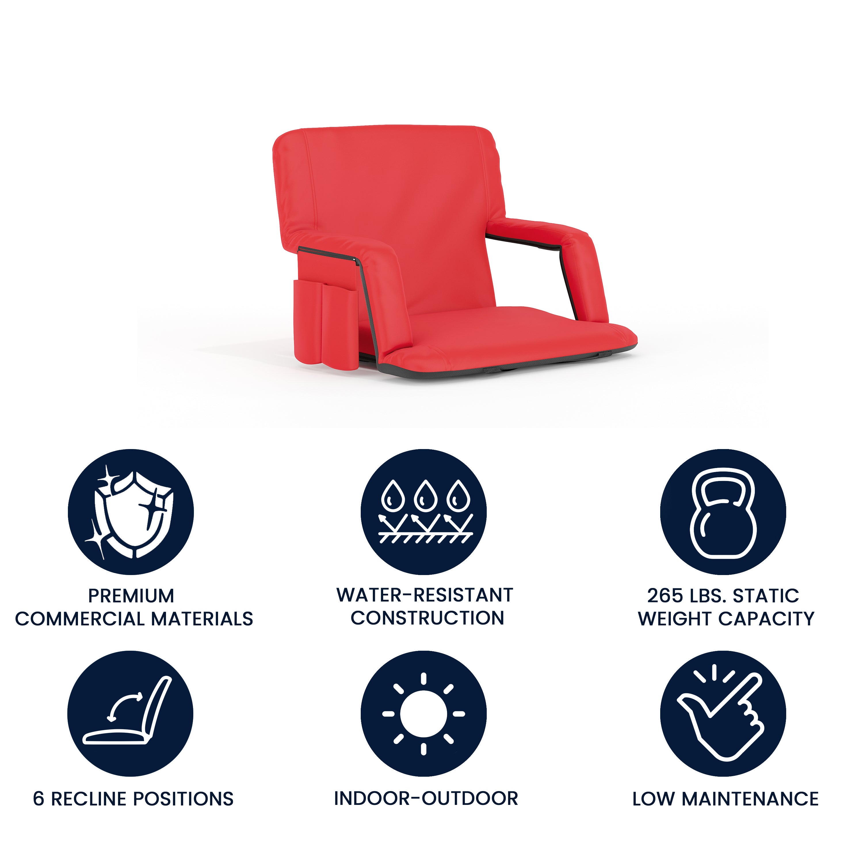 Malta Extra Wide Red Lightweight Reclining Stadium Chair with Armrests, Padded Back & Seat with Dual Storage Pockets and Backpack Straps