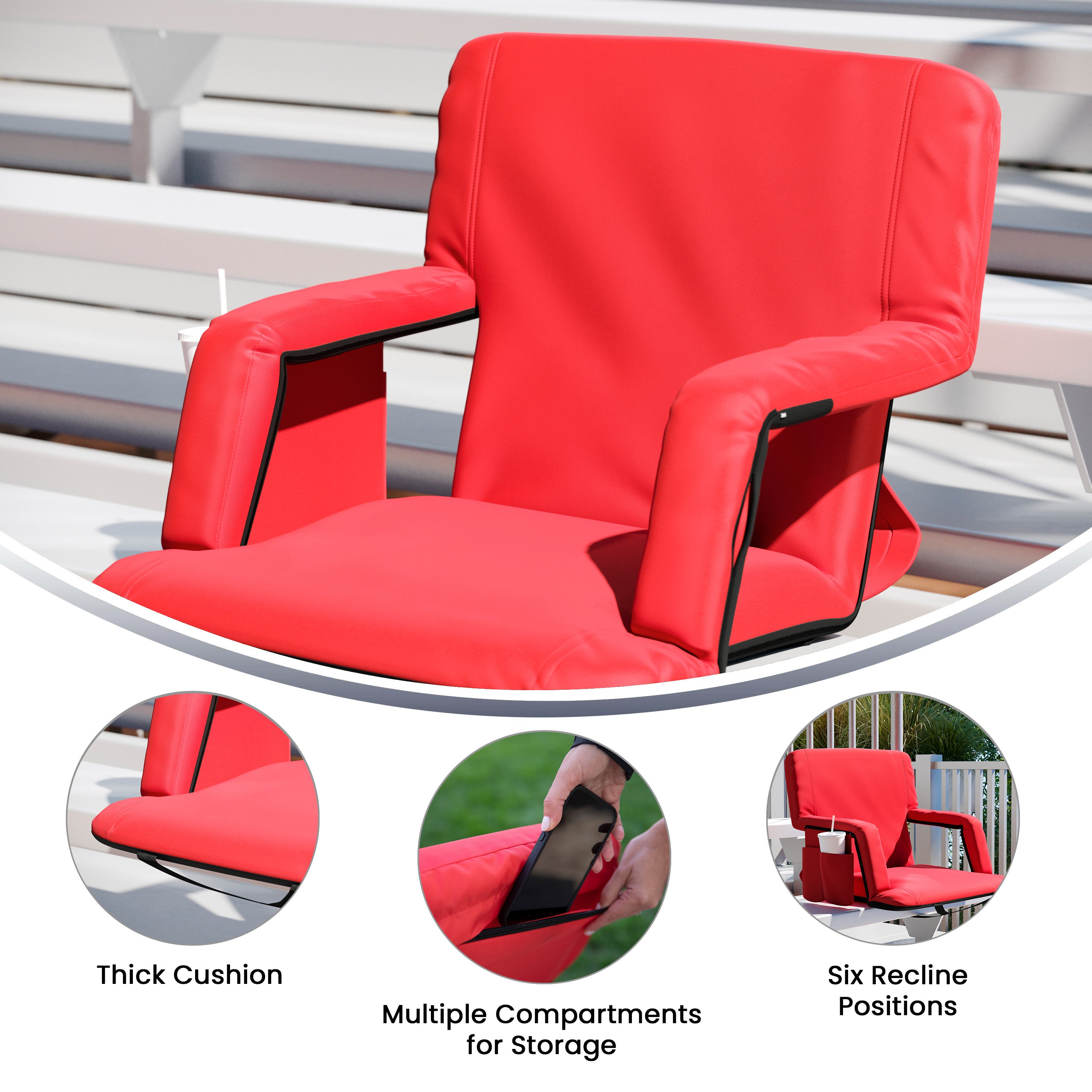 Malta Extra Wide Red Lightweight Reclining Stadium Chair with Armrests, Padded Back & Seat with Dual Storage Pockets and Backpack Straps