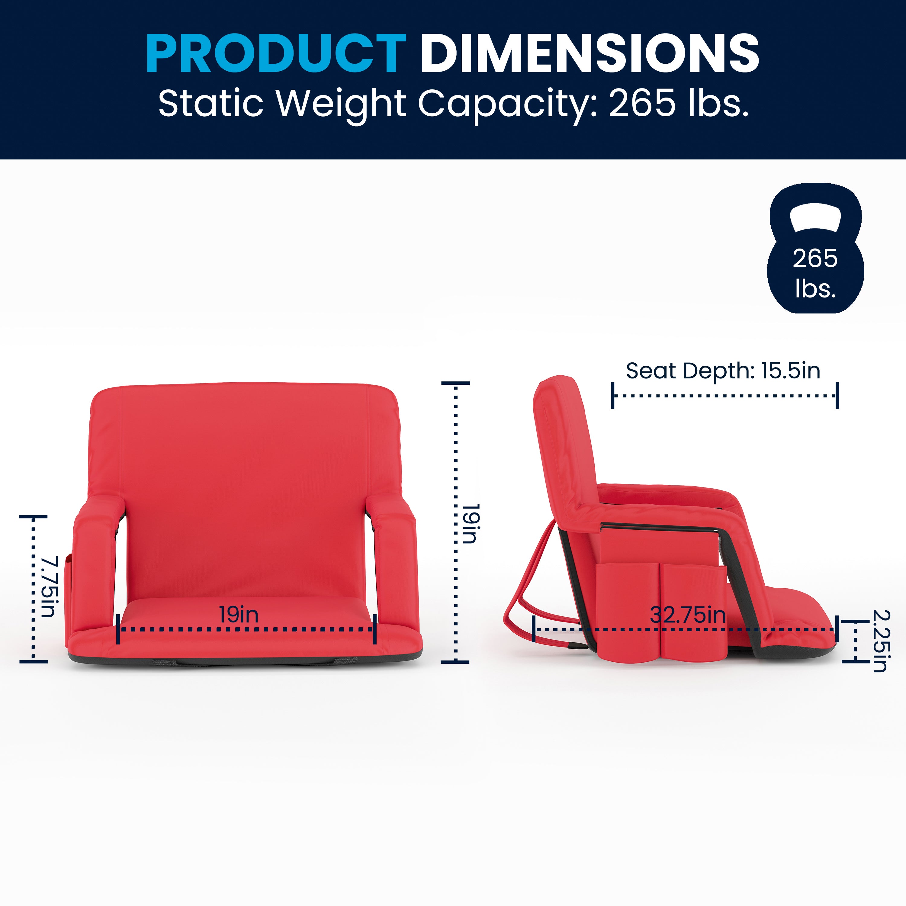 Malta Extra Wide Red Lightweight Reclining Stadium Chair with Armrests, Padded Back & Seat with Dual Storage Pockets and Backpack Straps