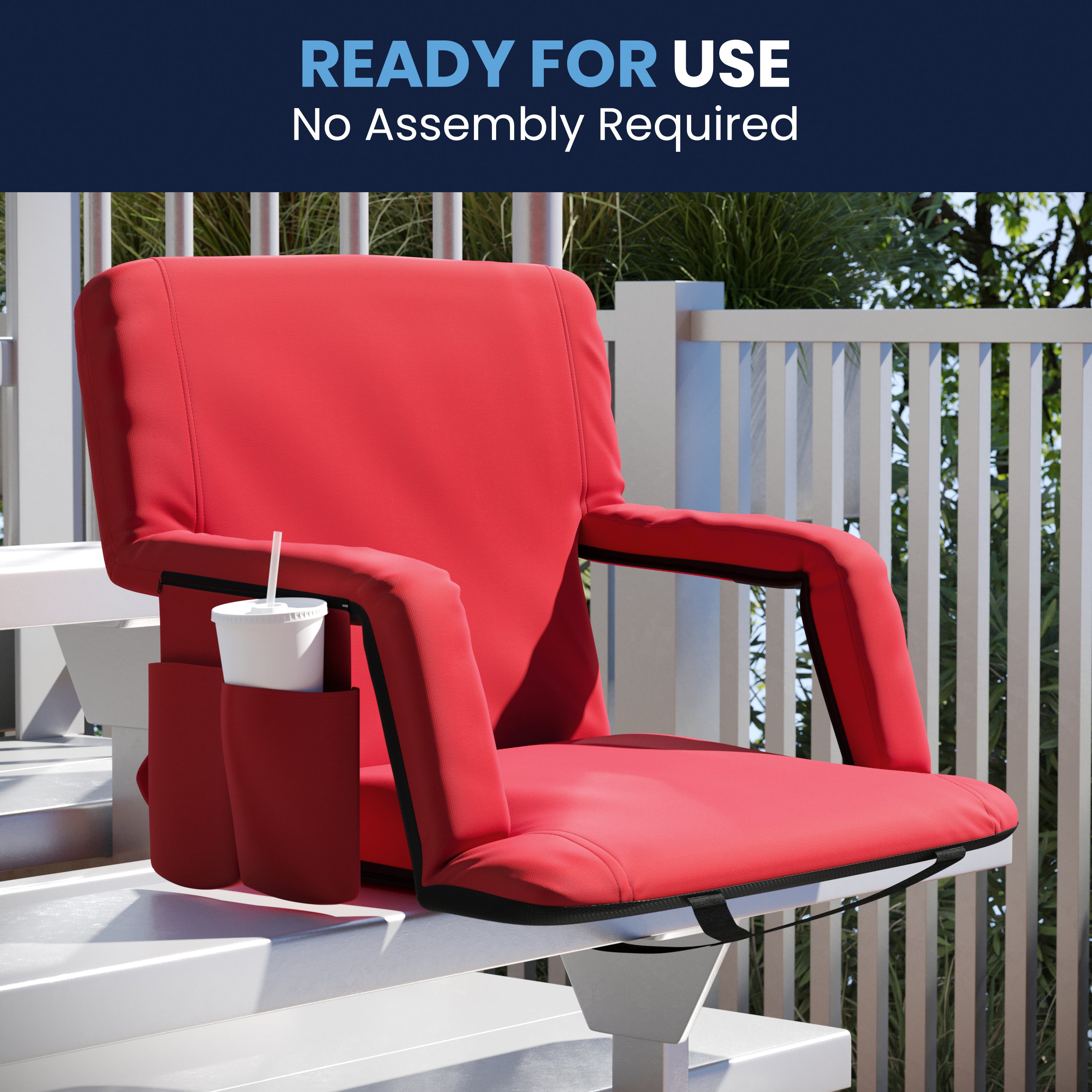 Malta Extra Wide Red Lightweight Reclining Stadium Chair with Armrests, Padded Back & Seat with Dual Storage Pockets and Backpack Straps