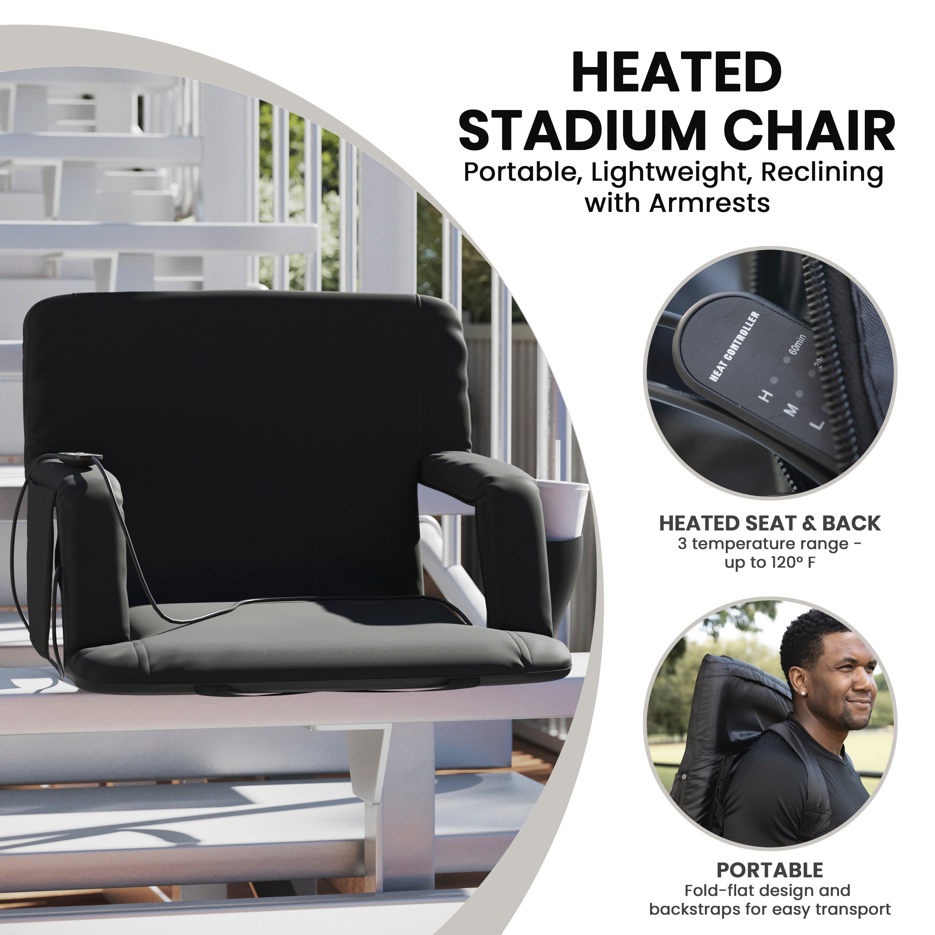 Malta Extra Wide Black Portable Heated Reclining Stadium Chair w/Armrests, Padded Back & Heated Seat w/Dual Storage Pockets and Backpack Straps