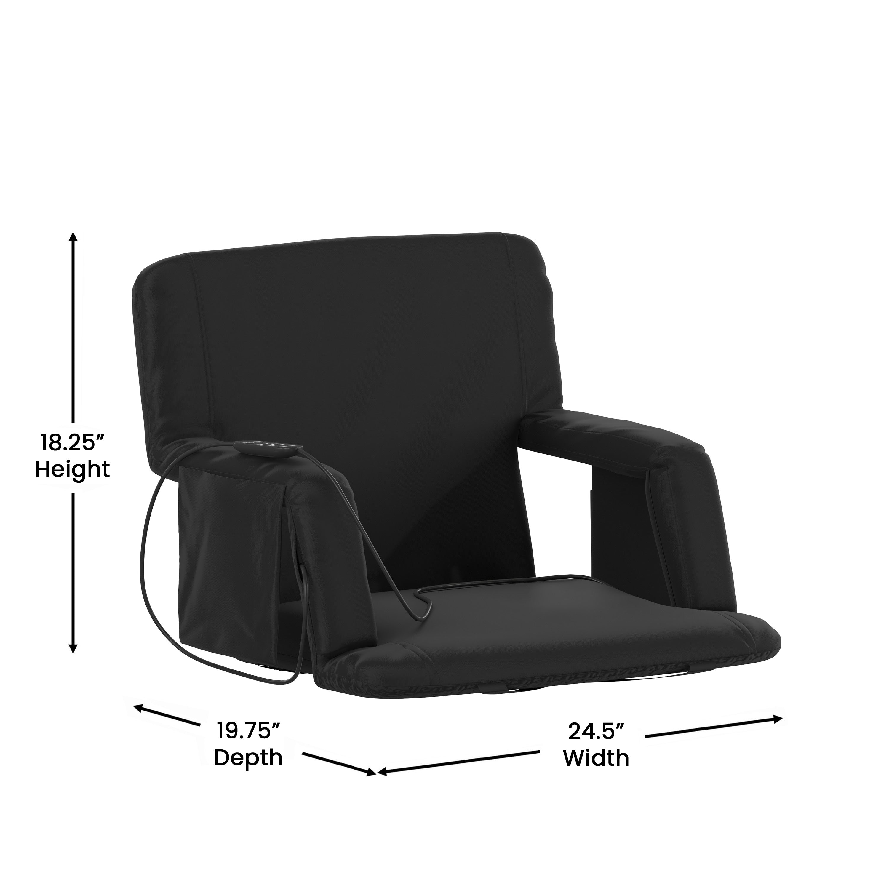 Malta Extra Wide Black Portable Heated Reclining Stadium Chair w/Armrests, Padded Back & Heated Seat w/Dual Storage Pockets and Backpack Straps