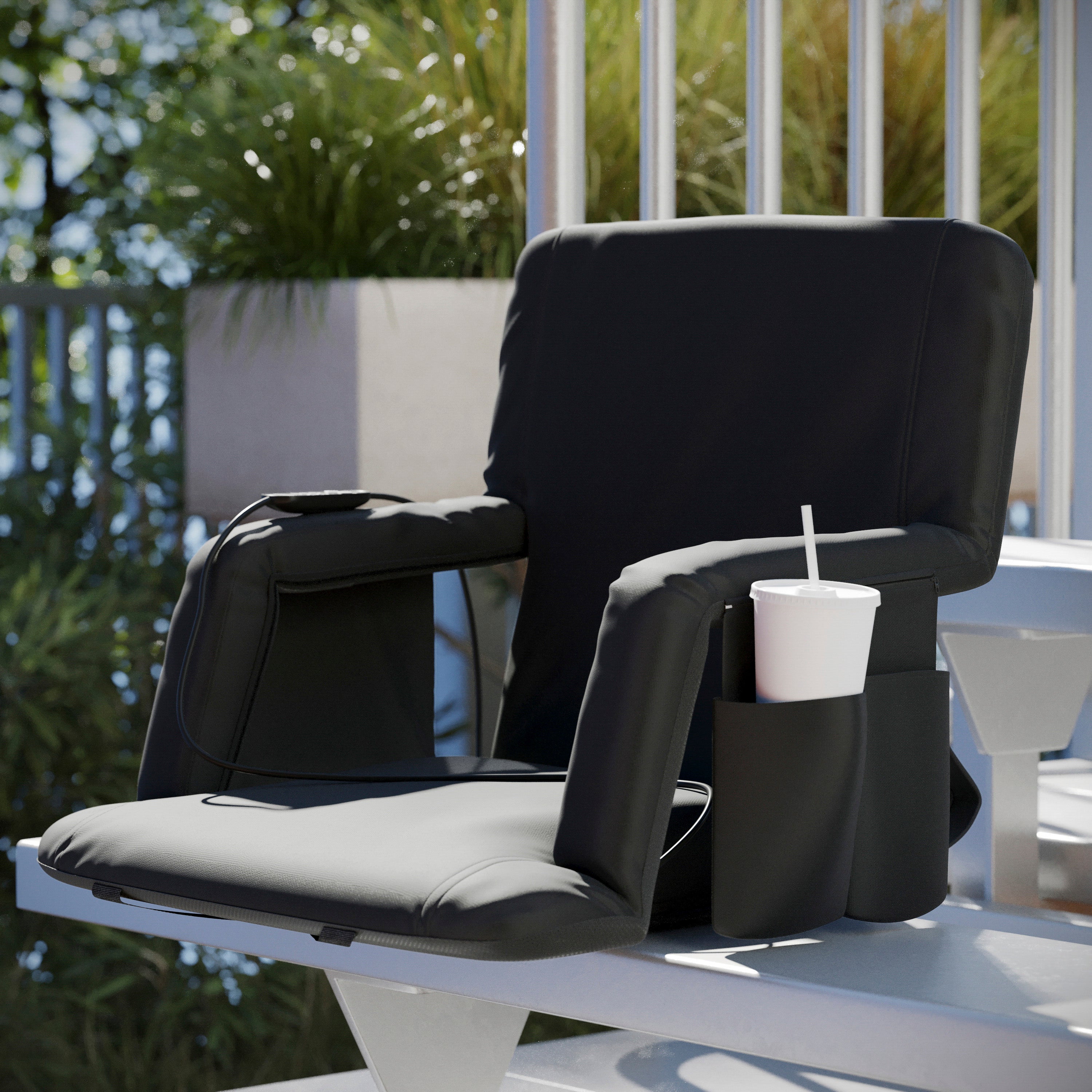 Malta Extra Wide Black Portable Heated Reclining Stadium Chair w/Armrests, Padded Back & Heated Seat w/Dual Storage Pockets and Backpack Straps