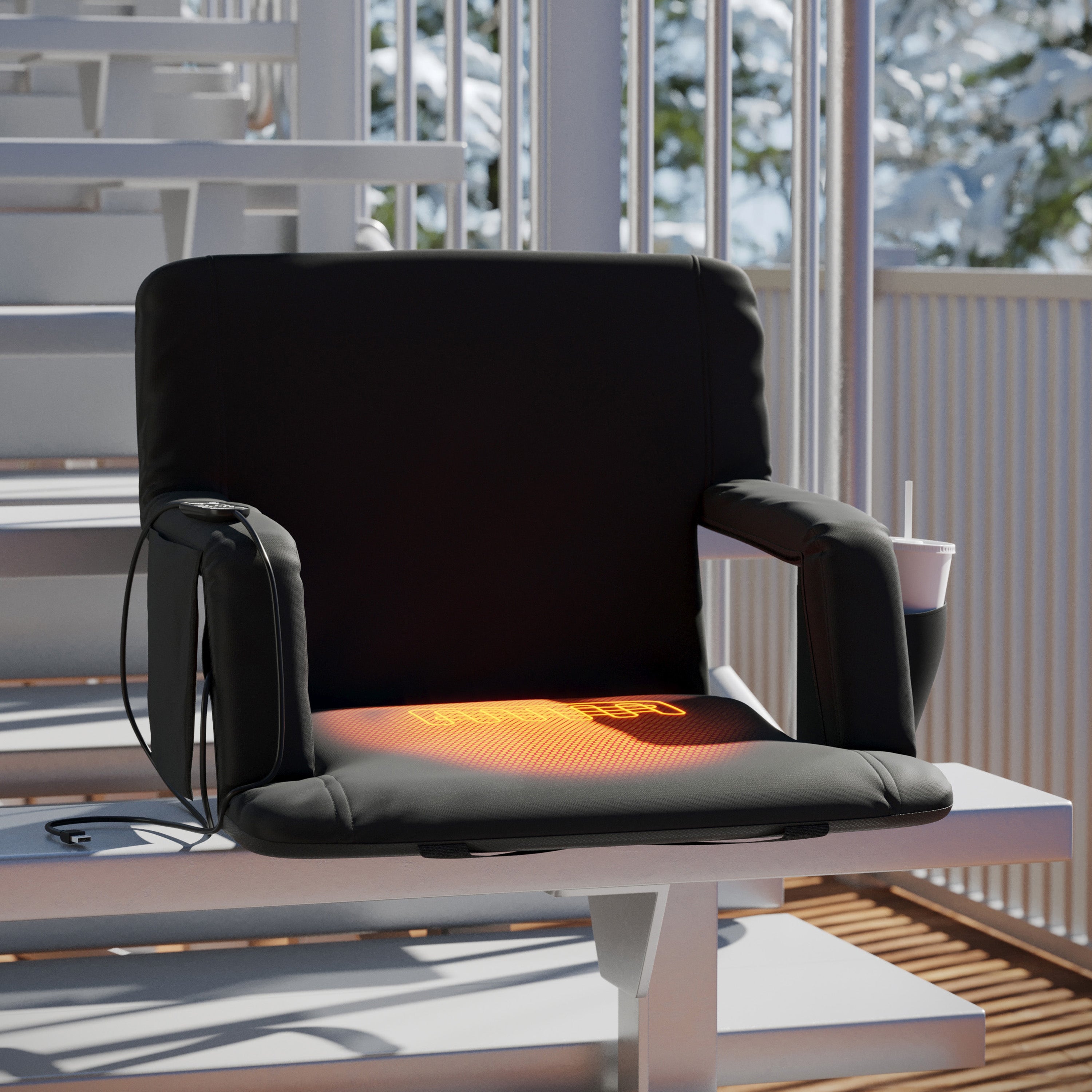 Malta Extra Wide Black Portable Heated Reclining Stadium Chair w/Armrests, Padded Back & Heated Seat w/Dual Storage Pockets and Backpack Straps
