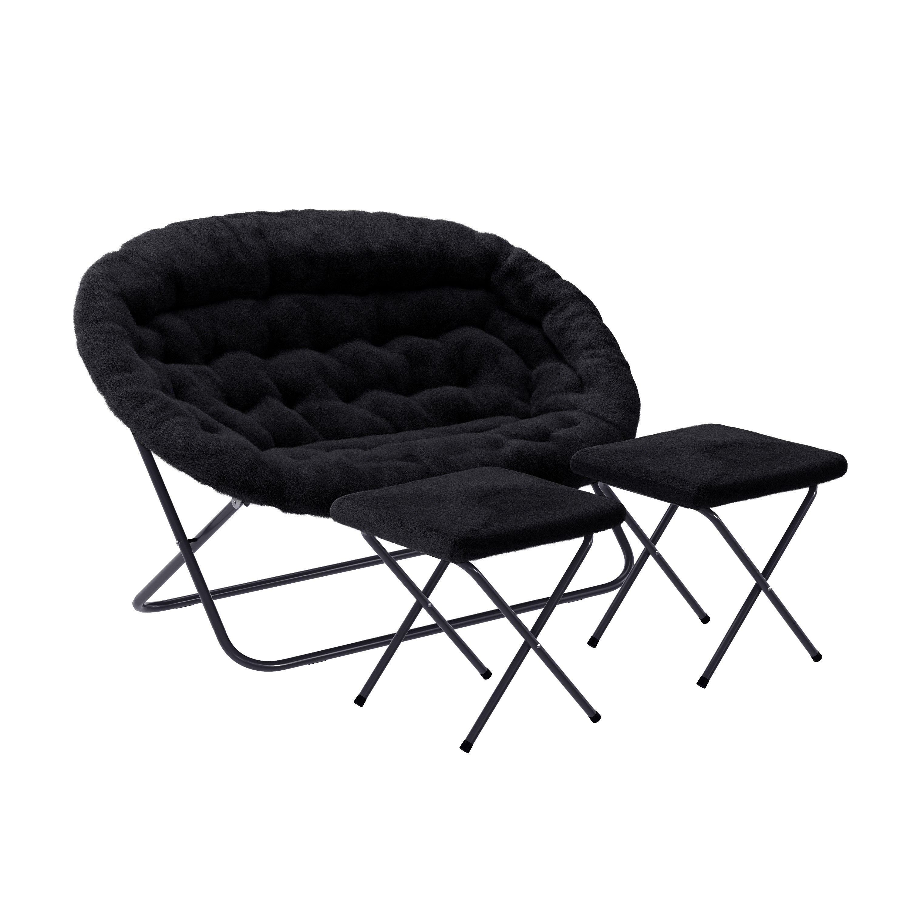 Eleanor 56" Portable Folding Double Saucer Chair with 2 Folding Ottomans Black Faux Fur with a Black Steel Frame for Dorm or Bedroom