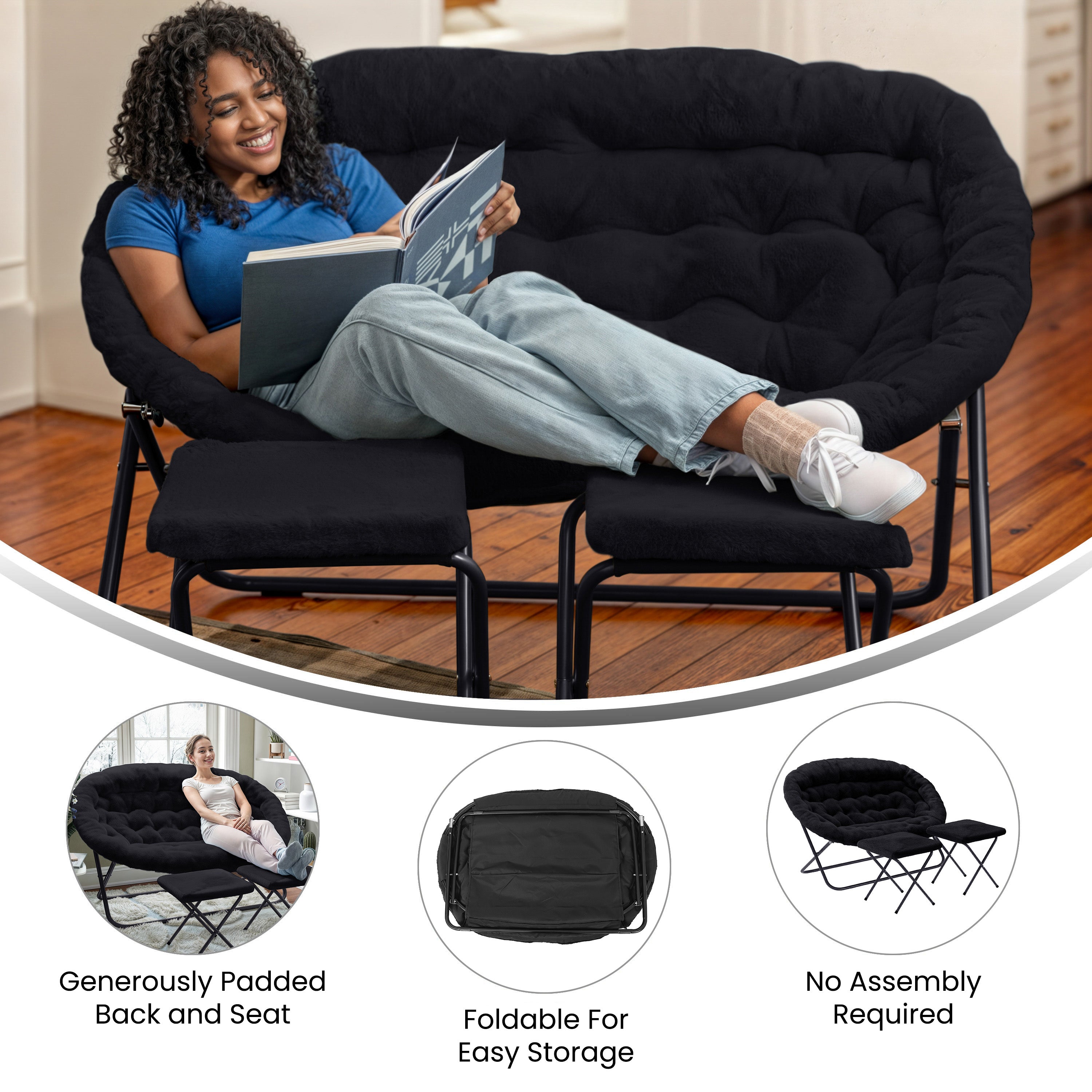 Eleanor 56" Portable Folding Double Saucer Chair with 2 Folding Ottomans Black Faux Fur with a Black Steel Frame for Dorm or Bedroom