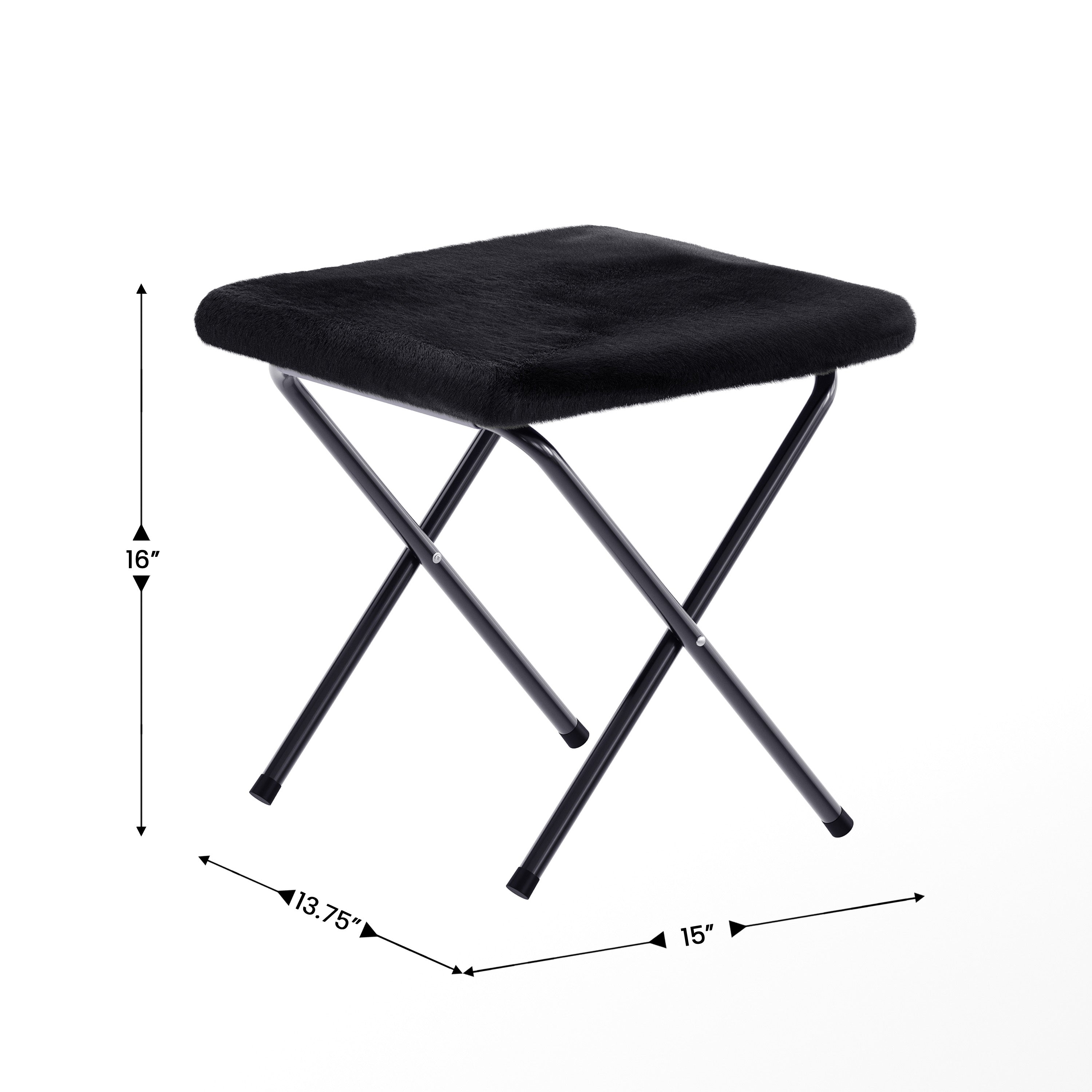 Eleanor 56" Portable Folding Double Saucer Chair with 2 Folding Ottomans Black Faux Fur with a Black Steel Frame for Dorm or Bedroom