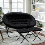 Eleanor 56" Portable Folding Double Saucer Chair with 2 Folding Ottomans Black Faux Fur with a Black Steel Frame for Dorm or Bedroom