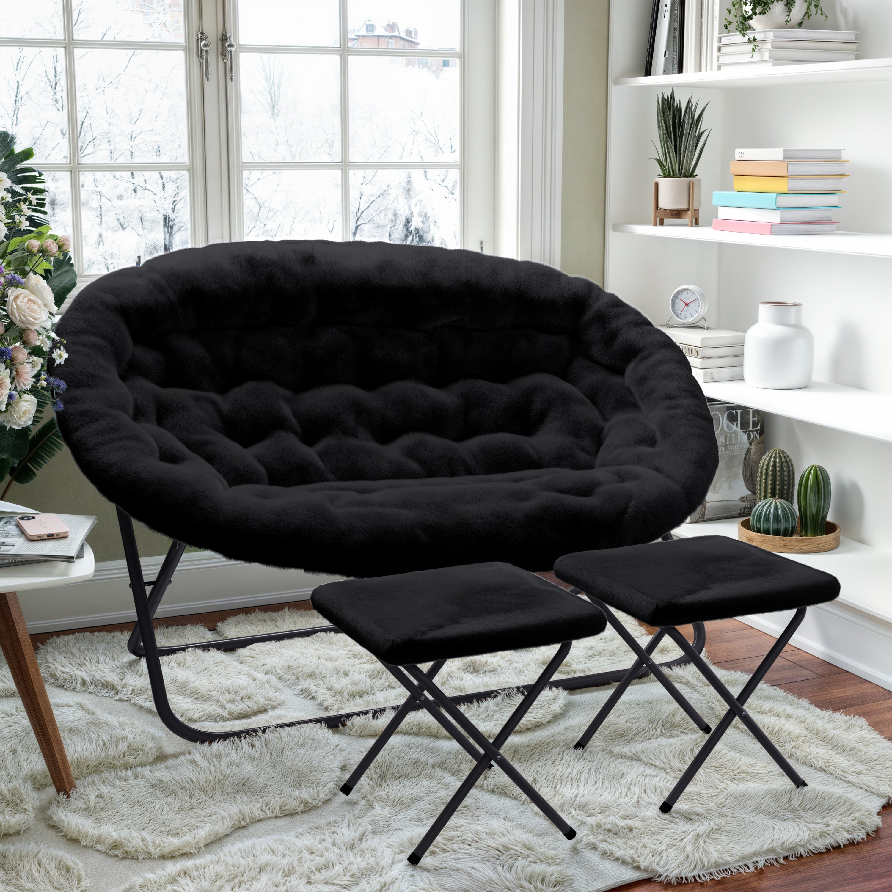 Eleanor 56" Portable Folding Double Saucer Chair with 2 Folding Ottomans Black Faux Fur with a Black Steel Frame for Dorm or Bedroom