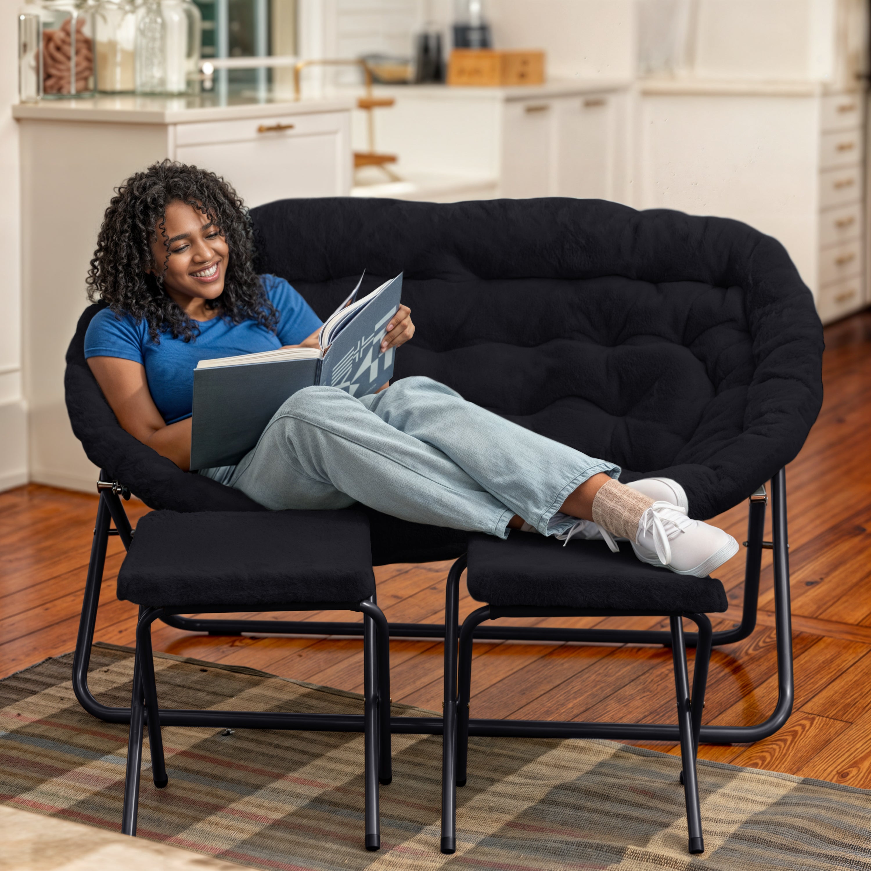 Eleanor 56" Portable Folding Double Saucer Chair with 2 Folding Ottomans Black Faux Fur with a Black Steel Frame for Dorm or Bedroom
