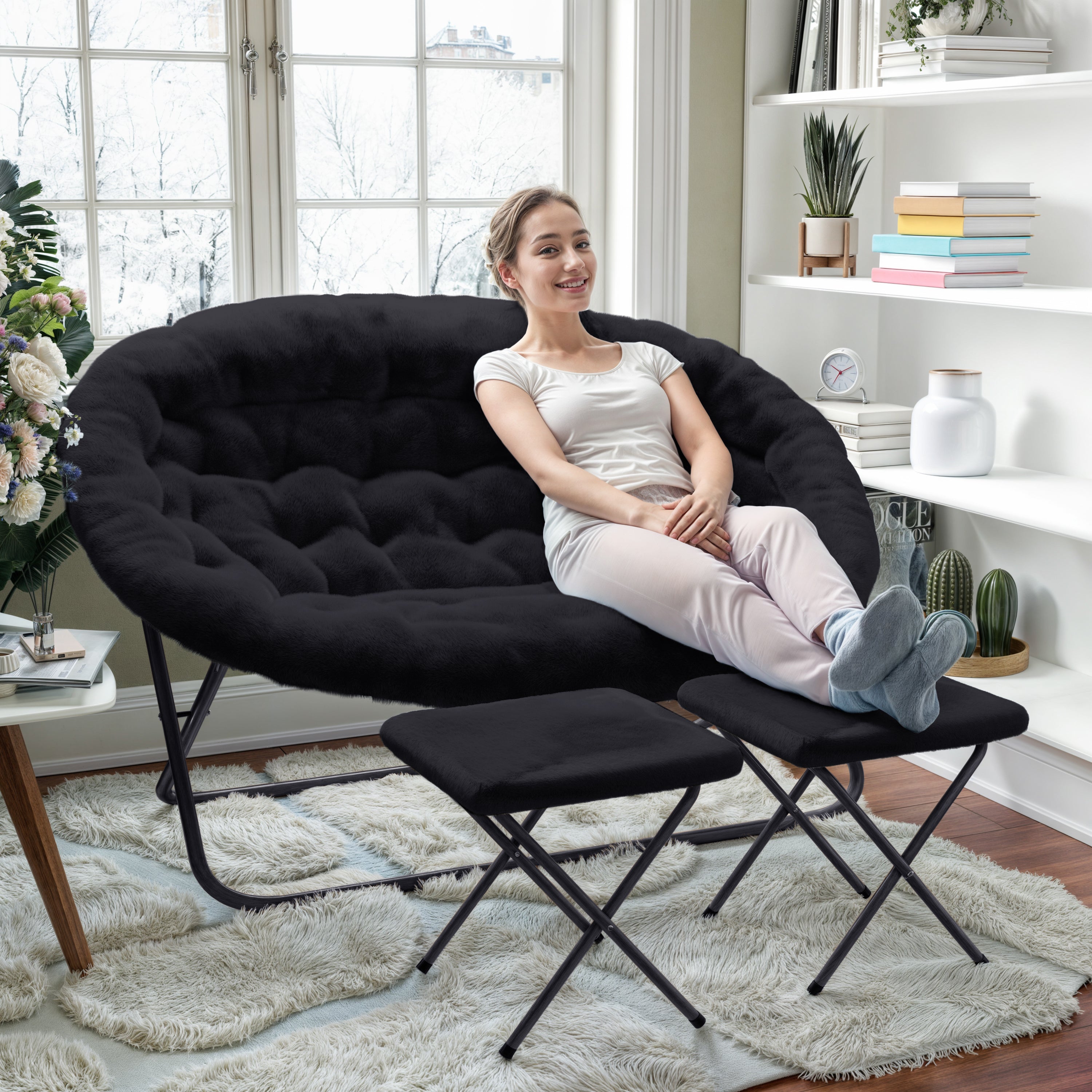 Eleanor 56" Portable Folding Double Saucer Chair with 2 Folding Ottomans Black Faux Fur with a Black Steel Frame for Dorm or Bedroom