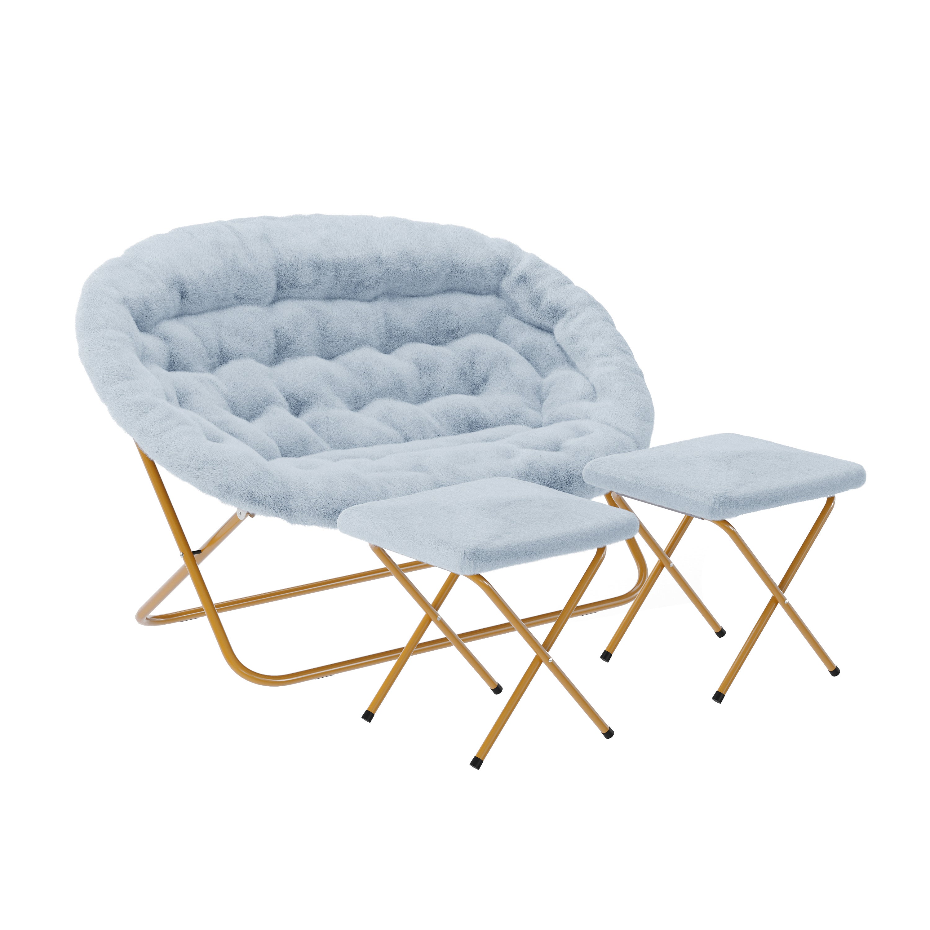 Eleanor 56" Portable Folding Double Saucer Chair with 2 Folding Ottomans in Dusty Aqua Faux Fur with a Soft Gold Steel Frame for Dorm or Bedroom