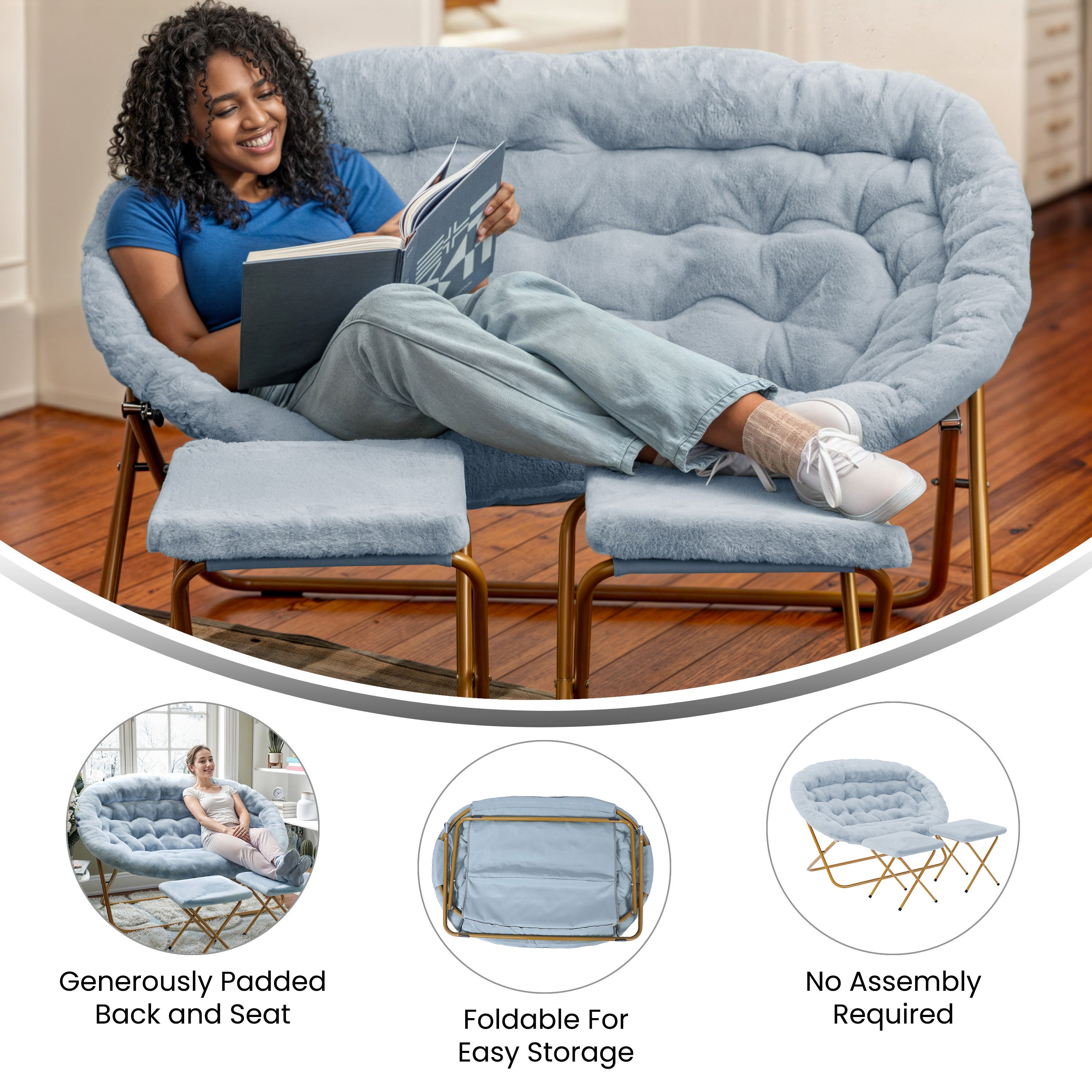 Eleanor 56" Portable Folding Double Saucer Chair with 2 Folding Ottomans in Dusty Aqua Faux Fur with a Soft Gold Steel Frame for Dorm or Bedroom