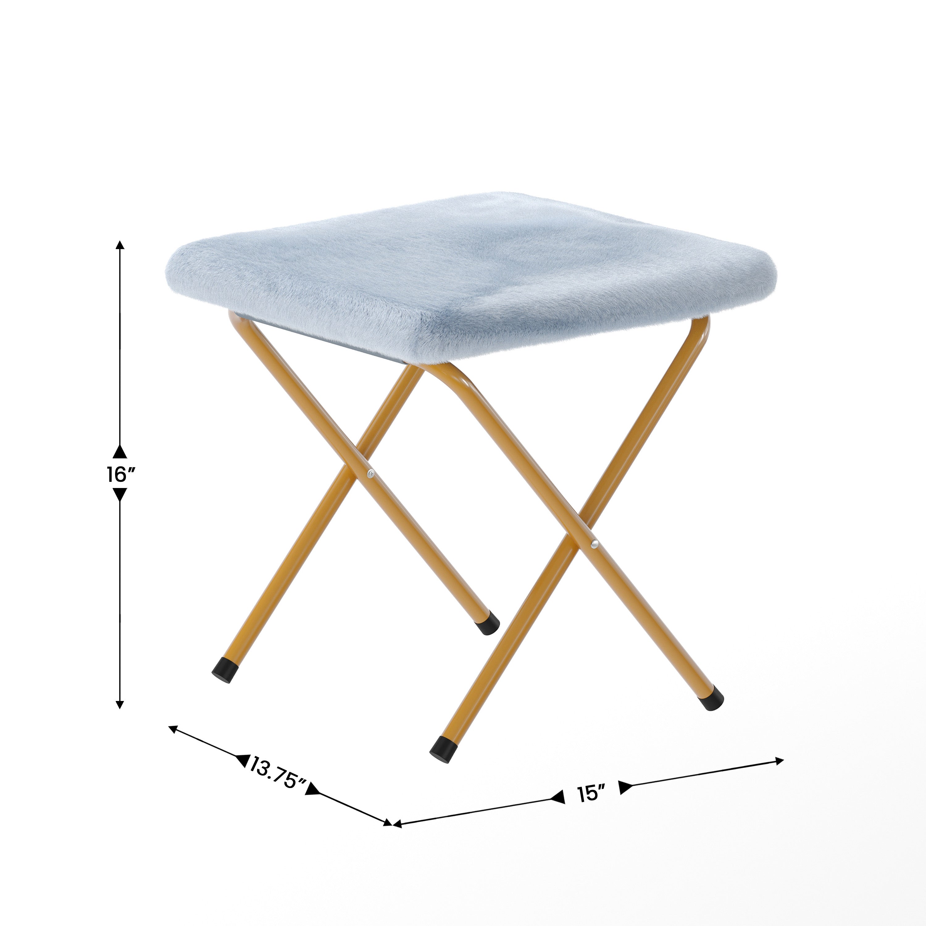 Eleanor 56" Portable Folding Double Saucer Chair with 2 Folding Ottomans in Dusty Aqua Faux Fur with a Soft Gold Steel Frame for Dorm or Bedroom