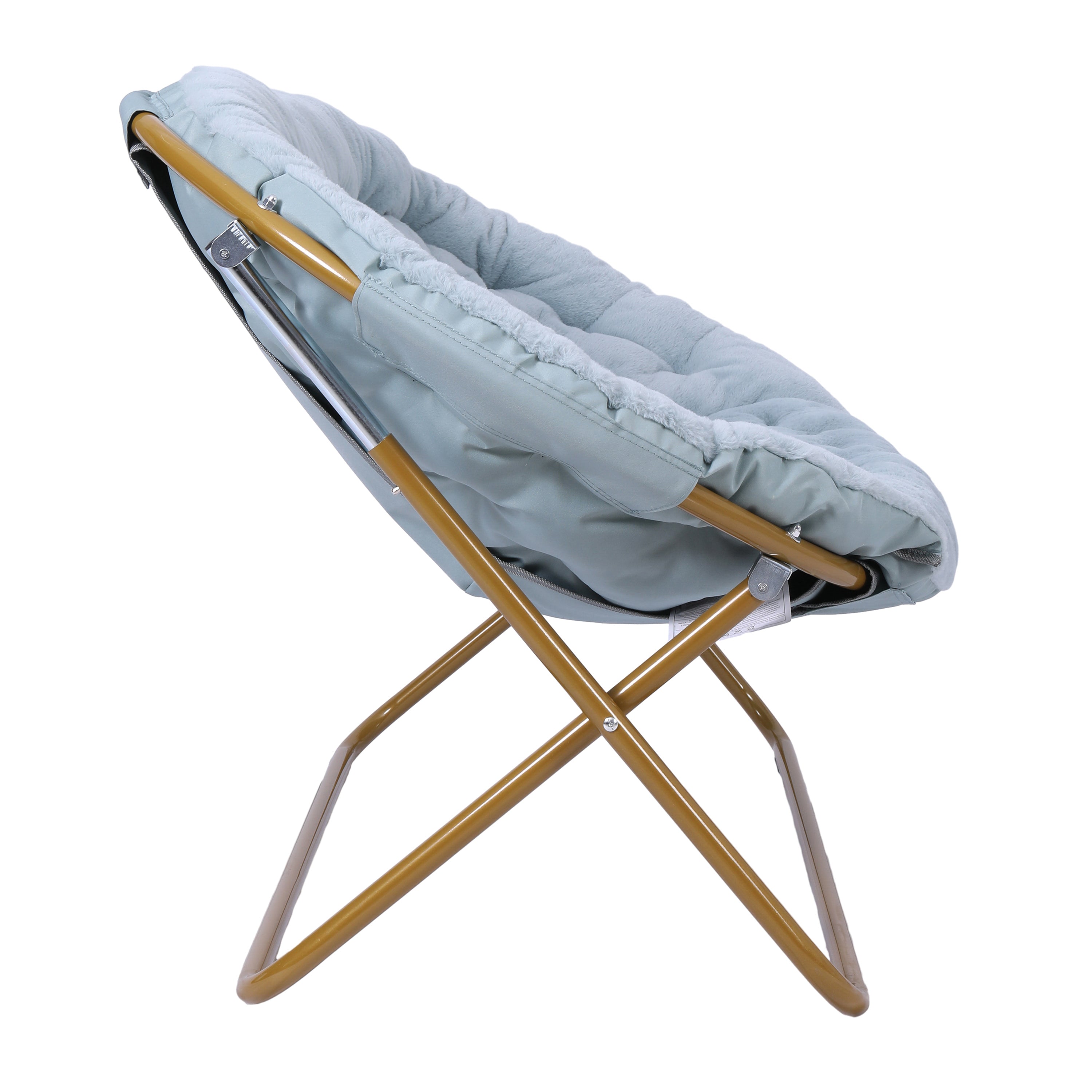 Eleanor 56" Portable Folding Double Saucer Chair with 2 Folding Ottomans in Dusty Aqua Faux Fur with a Soft Gold Steel Frame for Dorm or Bedroom