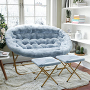 Eleanor 56" Portable Folding Double Saucer Chair with 2 Folding Ottomans in Dusty Aqua Faux Fur with a Soft Gold Steel Frame for Dorm or Bedroom