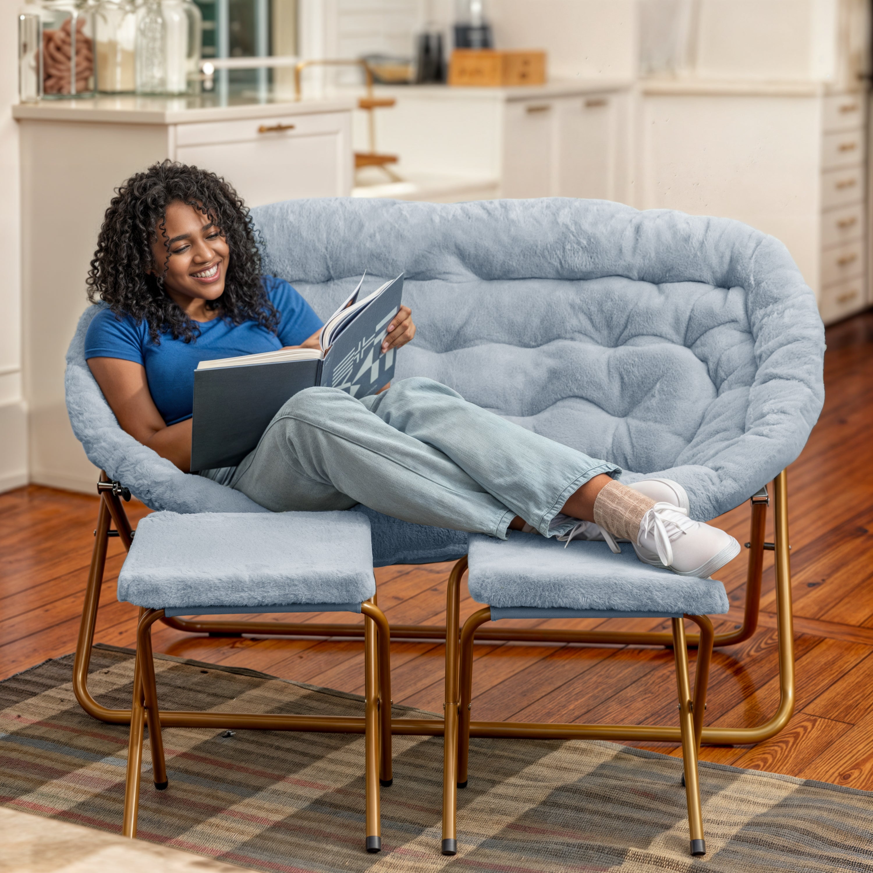 Eleanor 56" Portable Folding Double Saucer Chair with 2 Folding Ottomans in Dusty Aqua Faux Fur with a Soft Gold Steel Frame for Dorm or Bedroom