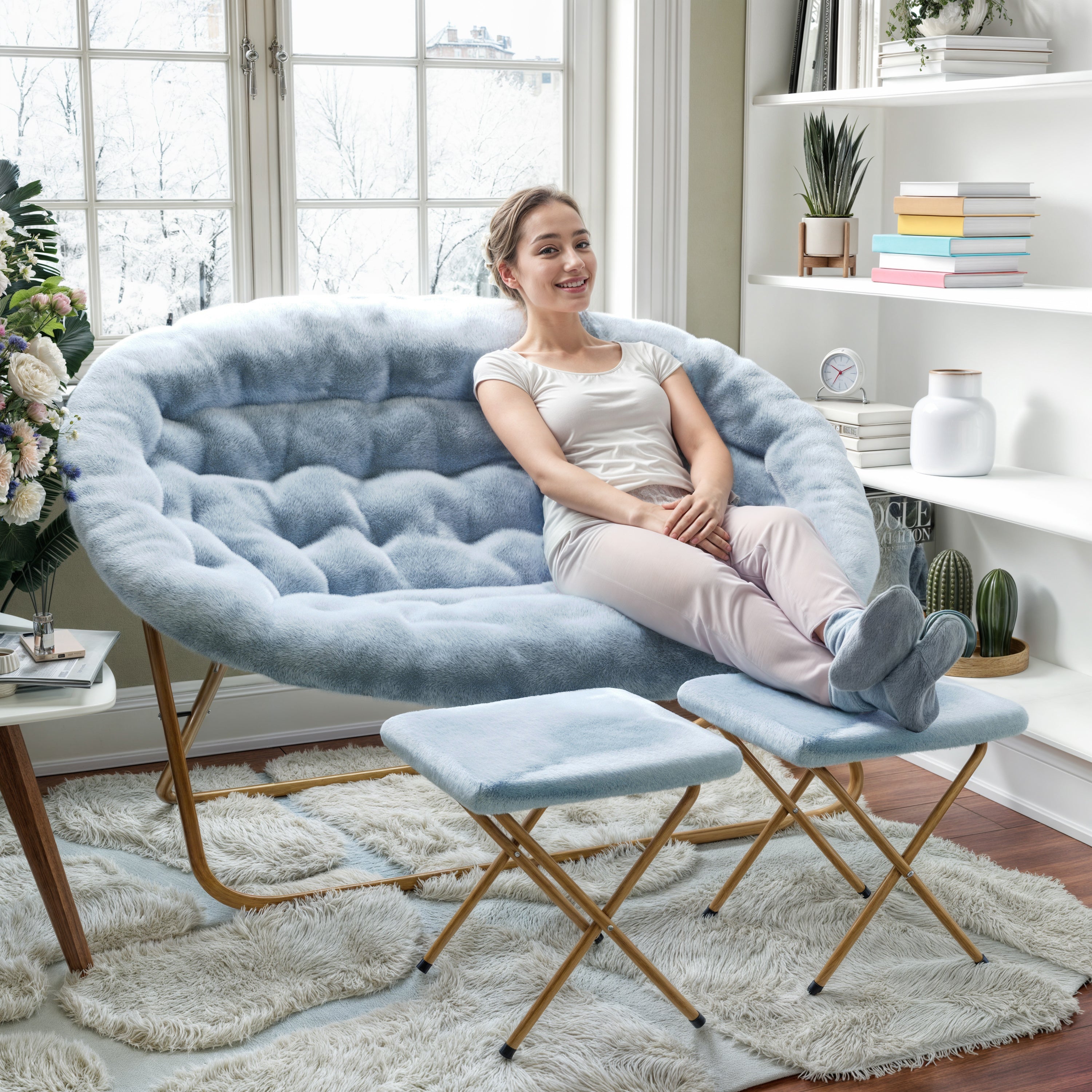 Eleanor 56" Portable Folding Double Saucer Chair with 2 Folding Ottomans in Dusty Aqua Faux Fur with a Soft Gold Steel Frame for Dorm or Bedroom
